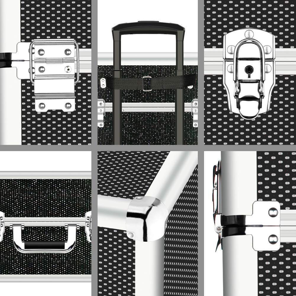 OUDMAY 4-in-1 Professional Makeup Train Case with Aluminum Frame & Folding Trays - Black Diamond Cosmetic Organizer for Travel, Salon, and Mobile Makeup Artists | Rolling Beauty Storage Case for Makeup Brushes, Palettes & Cosmetics
