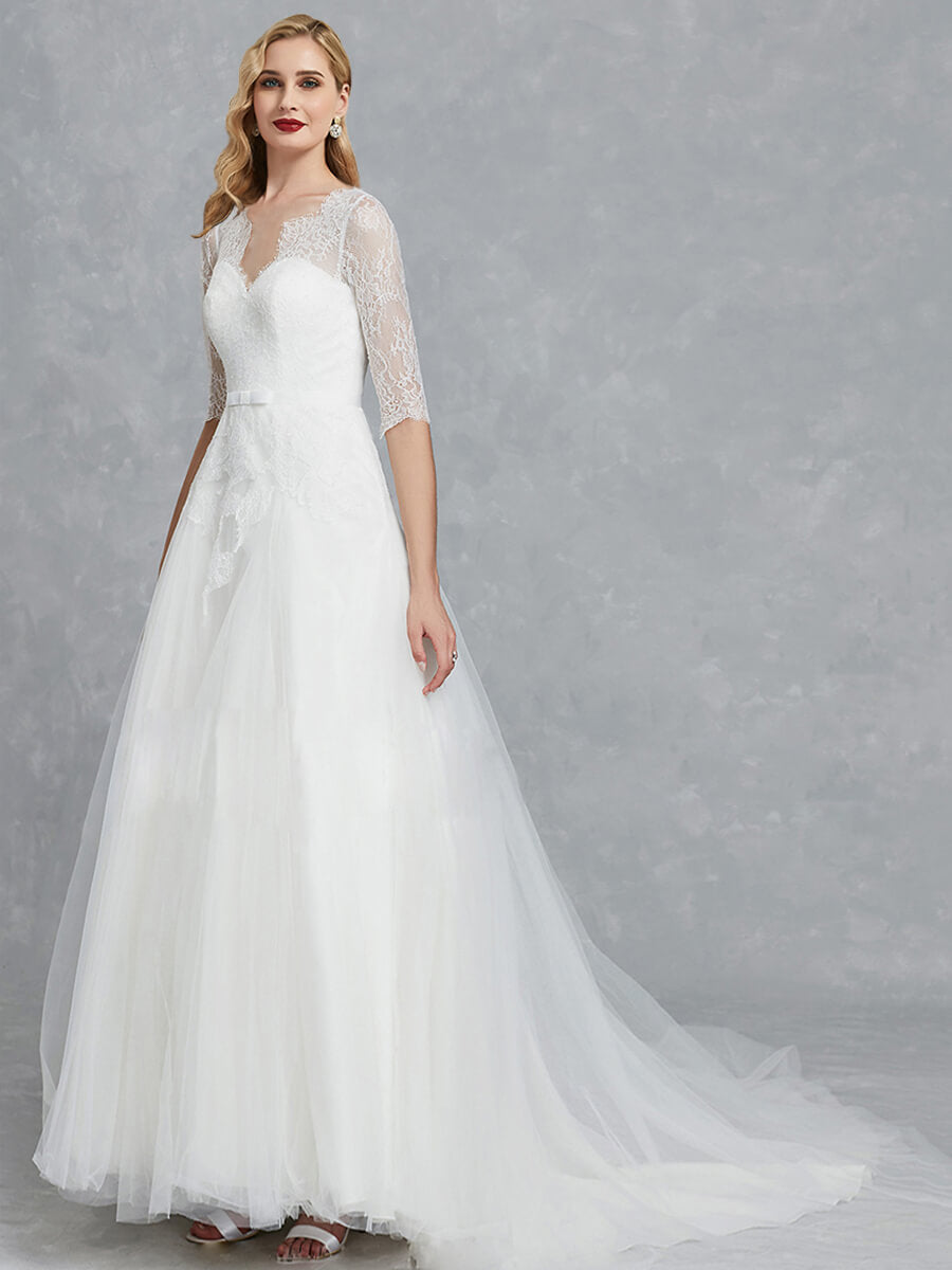 Elegant 1/2 Sleeve Illusion Sweetheart A-Line Floor Length Soft Lace Wedding Dress for Brides - Perfect for Church Ceremonies, Beach Weddings & Romantic Vows
