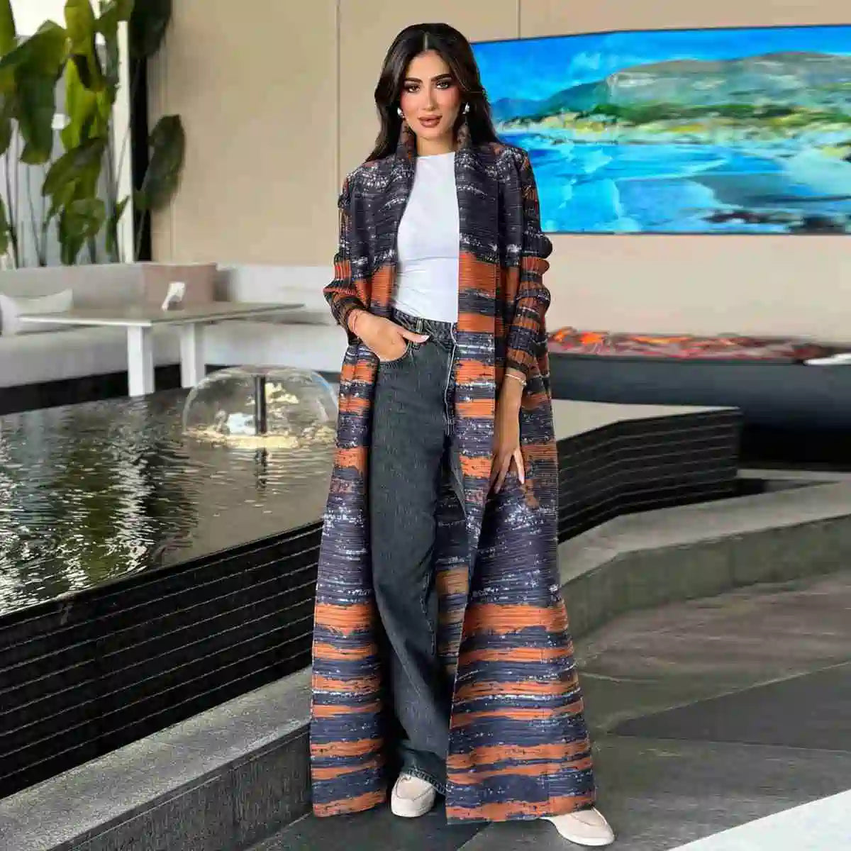 Elegant Pleated Sleeve Printed Cardigan Open Abaya Dress #25175 - Modest Fashion for Women, Perfect for Prayer, Special Occasions & Everyday Wear