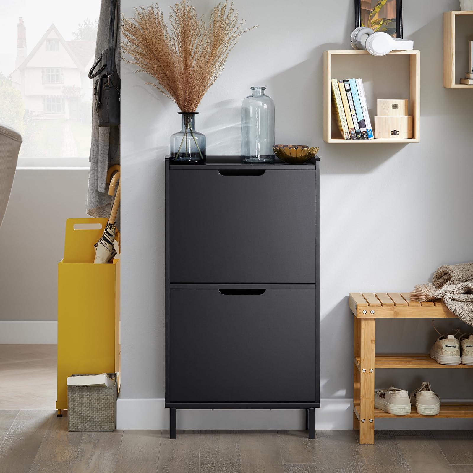 Haotian Black Shoe Cabinet with 2 Flip-Drawers - Narrow Freestanding Shoe Rack & Slim Shoe Organizer for Entryway, Hallway or Closet - Hidden Storage Cupboard (Model FSR151-SCH) - Perfect for Small Spaces & Apartment Living
