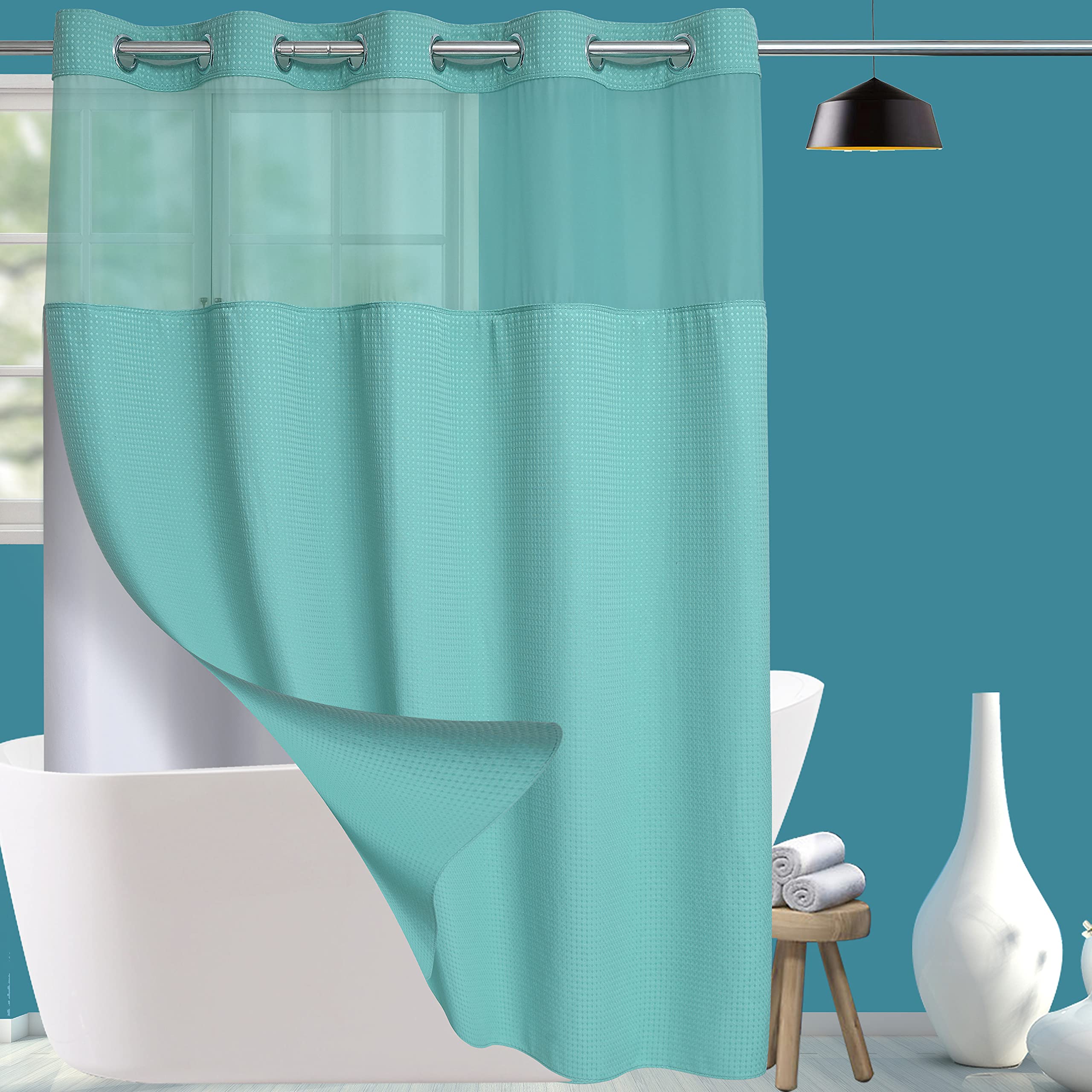 Premium Waffle Weave Hotel Style Shower Curtain with Snap-in Liner - Waterproof, Machine Washable Bathroom Shower Curtain (71
