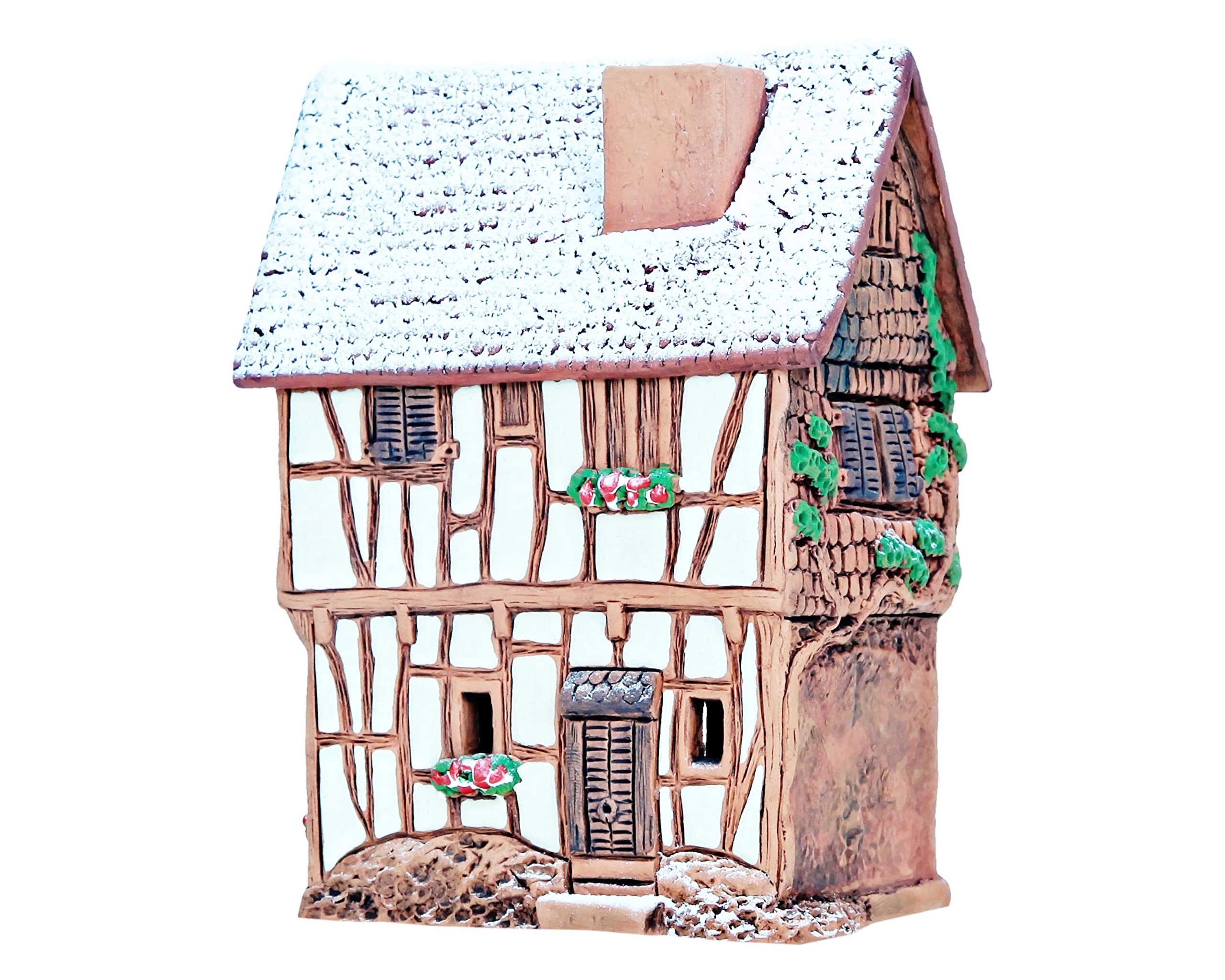 Handmade Ceramic Miniature House - Historic Winery in Bernkastel-Kues Germany - Winter Edition Candle & Cone Incense Holder R255 - Perfect for Home Decor, Gift Giving and Holiday Ambiance