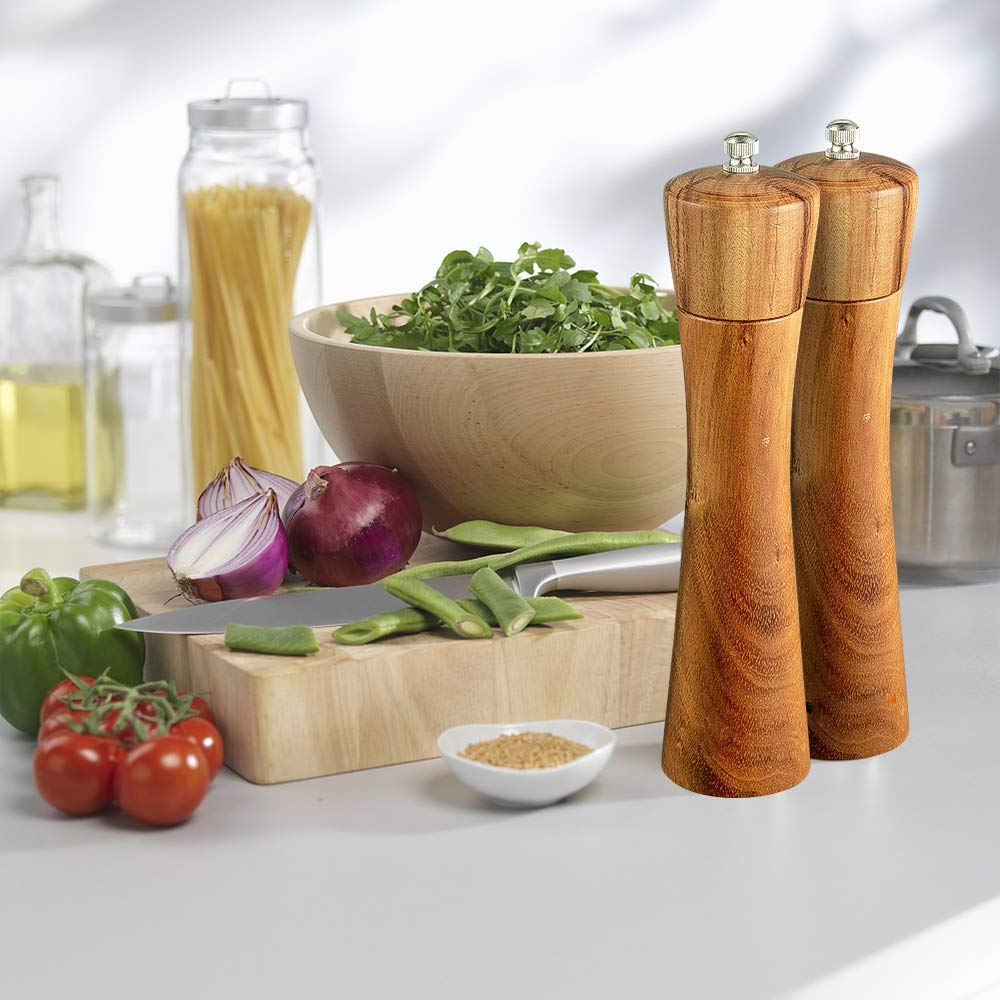 Premium Acacia Wood Salt and Pepper Grinder Set - Adjustable Manual Mill with Ceramic Core - 8 Inch Kitchen Essential for Home, Restaurants, BBQ, Picnics & Dinner Parties - Perfect for Gourmet Cooking & Gift Giving