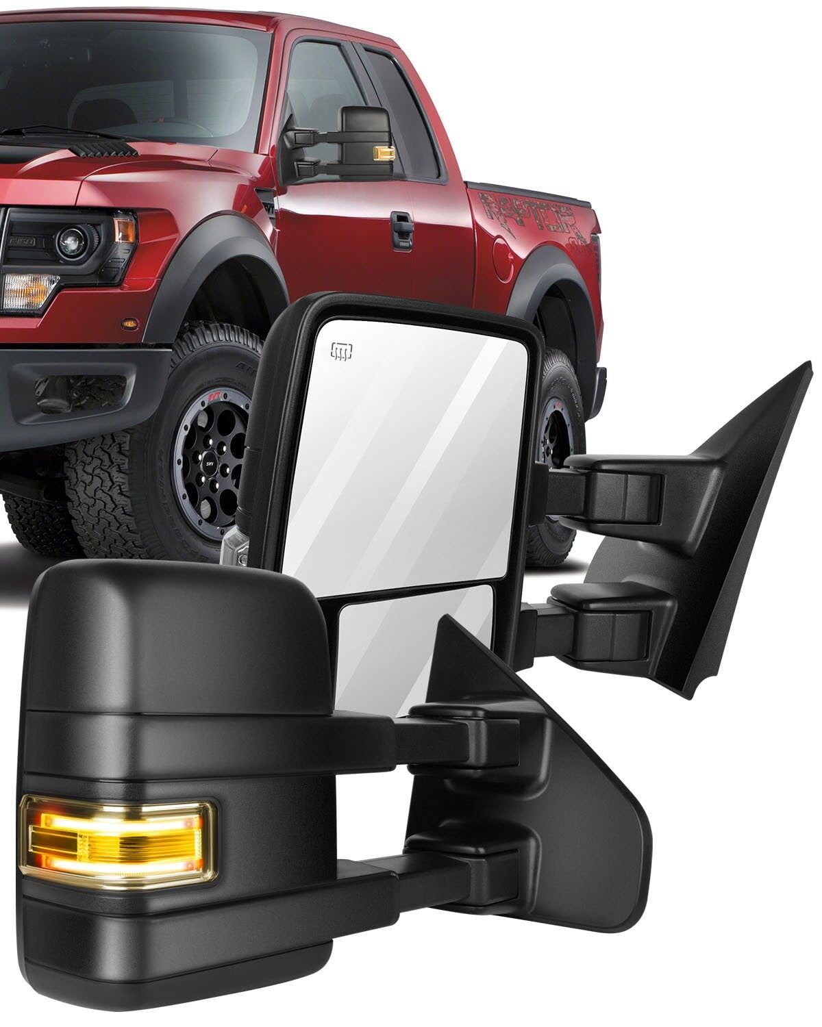 ECCPP Power Heated Towing Mirrors for Ford F-150 2004-2014 - Black Housing with Adjustable Turn Signal & Puddle Light - Left & Right Side Pair - Perfect for Off-Roading, Towing & Night Driving