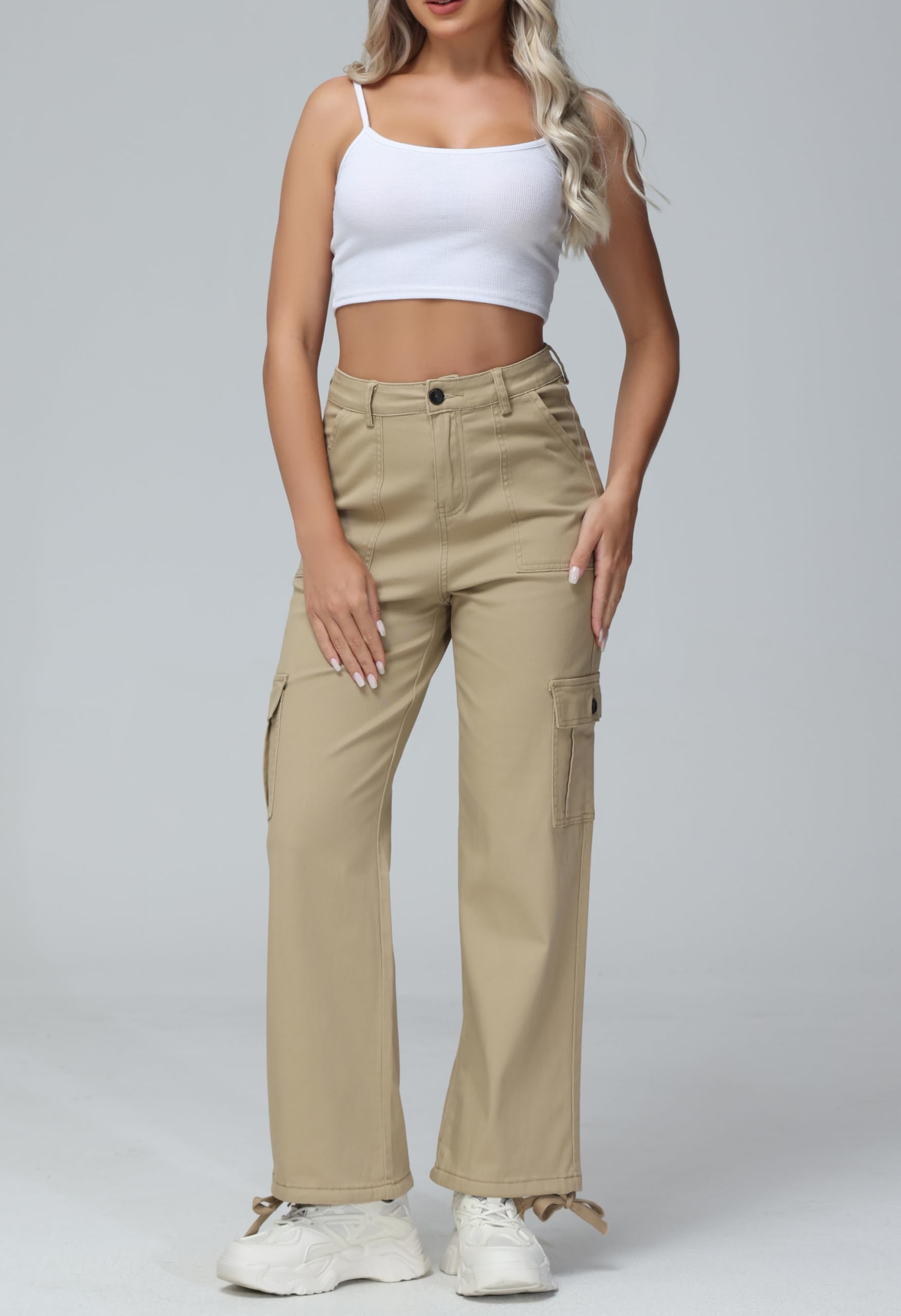 GUNLIRE Women's High Waist Cargo Pants - Baggy Y2K Streetwear with 6 Pockets, Wide Leg Stretch Straight Fit Elastic Slacks | Casual Outfits, Urban Fashion, Workwear