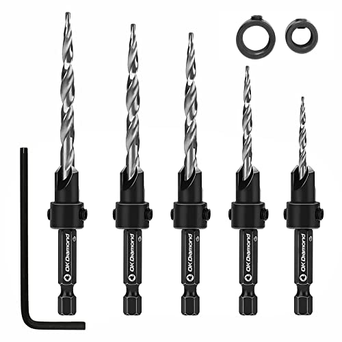 OKDIAMOND Premium 5-Piece Wood Countersink Drill Bit Set - Tapered Hex Shank Twist Drill Bits (1/4