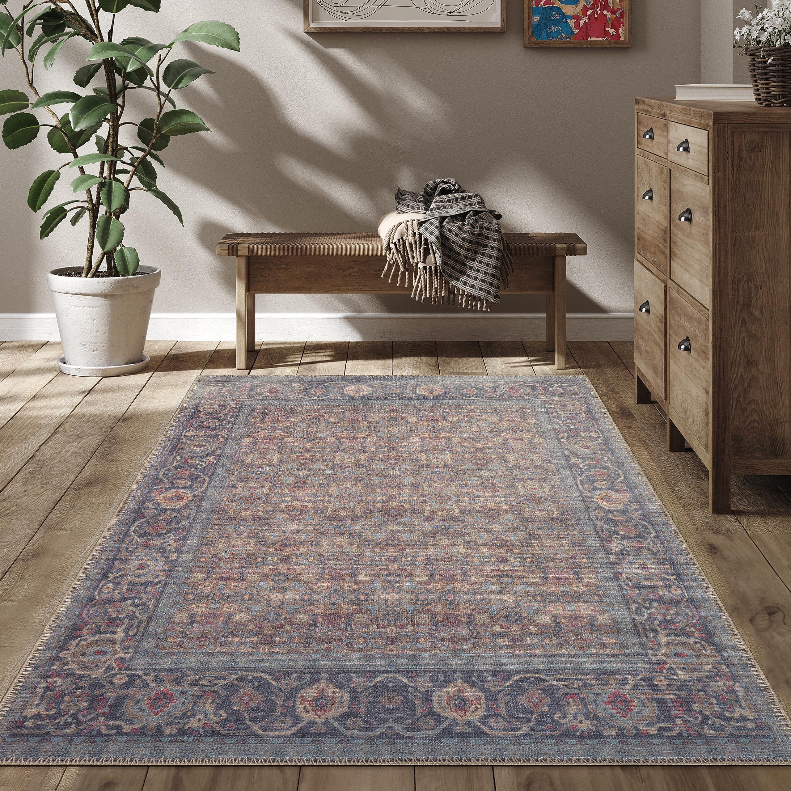 Machine Washable Area Rug - Pet-Friendly, Non-Slip Indoor Carpet for Kitchen, Bathroom, Living Room | Home Floor Decor in Denim/Eggnog (5'1