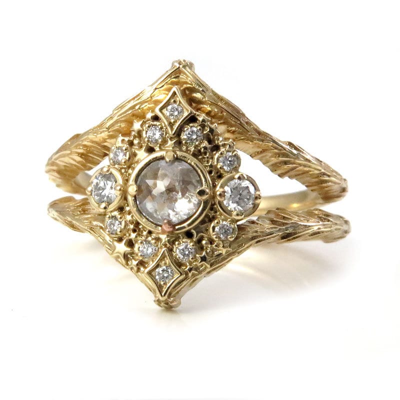 14k Gold Nova Rose Cut Diamond Engagement Ring Set - Custom Diamond Selection for Witch Wedding & Gothic Bridal Jewelry