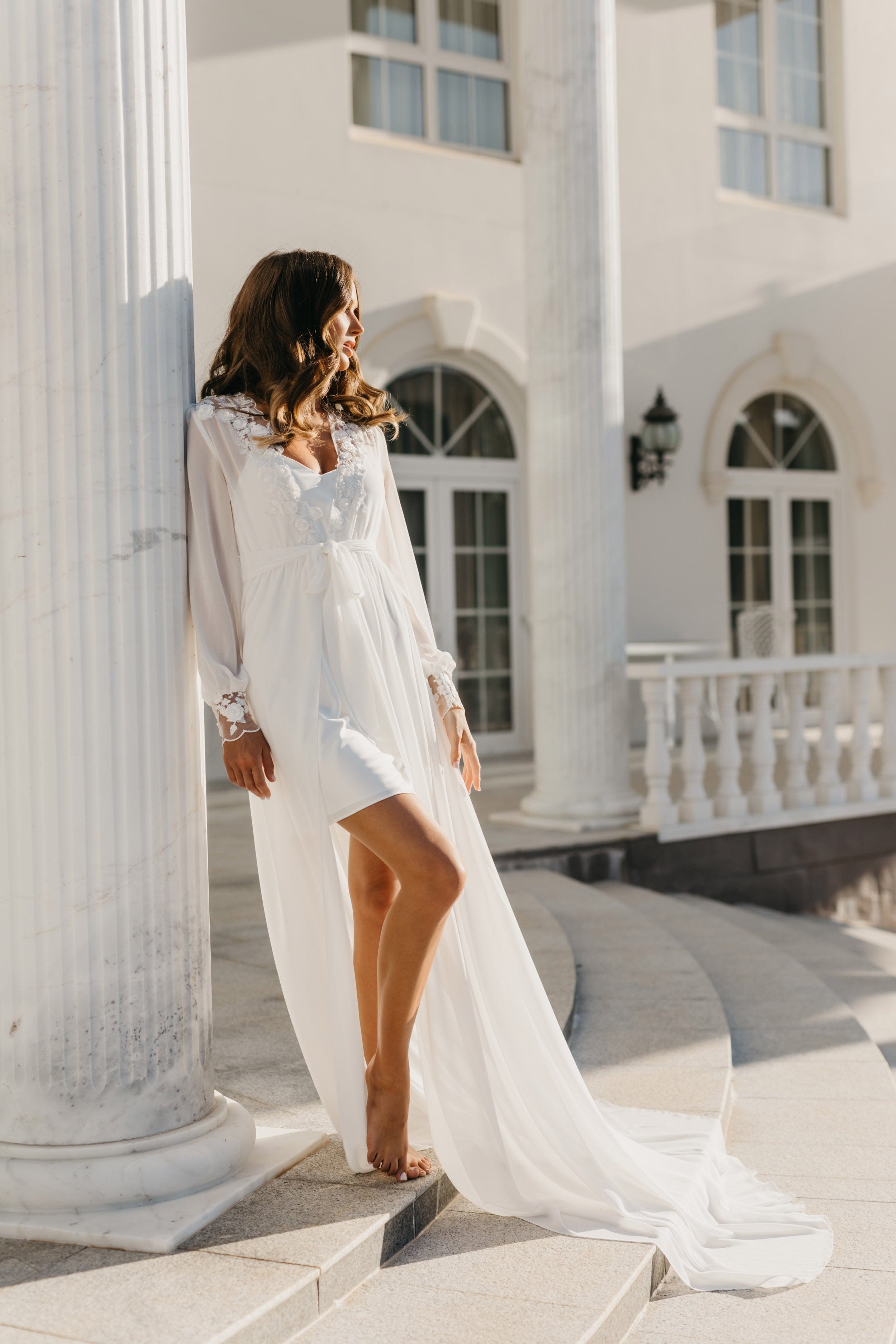 Arianna Beaded Floral Lace Maxi Bridal Robe with Train & Slip - Elegant Wedding Gown for Bridal Shower, Photoshoot & Reception - Perfect for Bride, Bridesmaids & Special Occasions