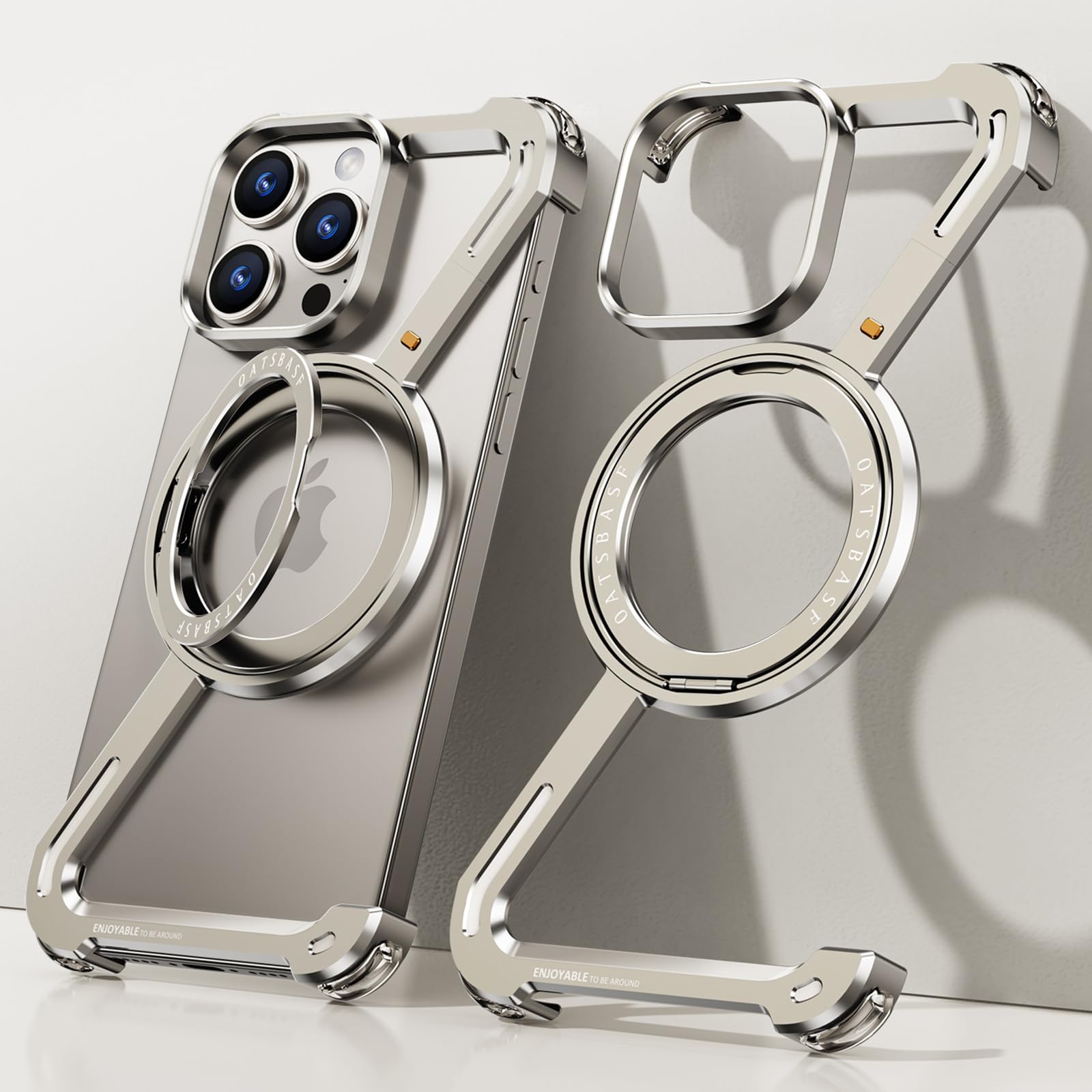 **Magnetic Kickstand Case for iPhone 15 Pro – 360° Rotatable Frameless Metal Bumper with Slim Ultra-Thin Design & Ring Holder – Perfect for Work, Travel, and Everyday Protection**