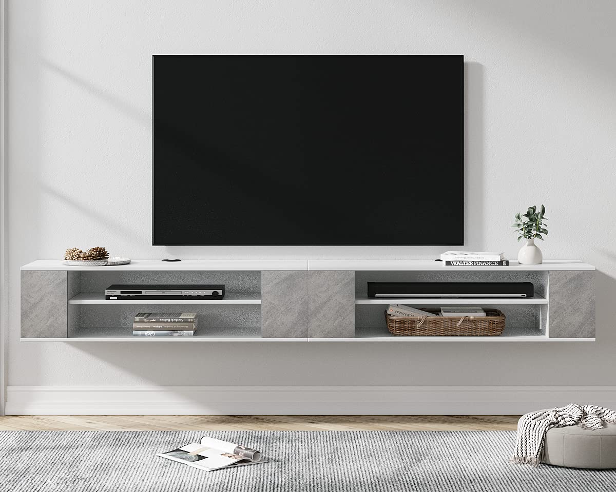 WAMPAT 79 Inch Floating TV Stand for 75 Inch TVs - Modern Wall Mounted Entertainment Center with Wood Storage Hutch - Space Saving TV Cabinet for Living Room (Grey & White) - Perfect for Small Spaces & Home Theater Setup