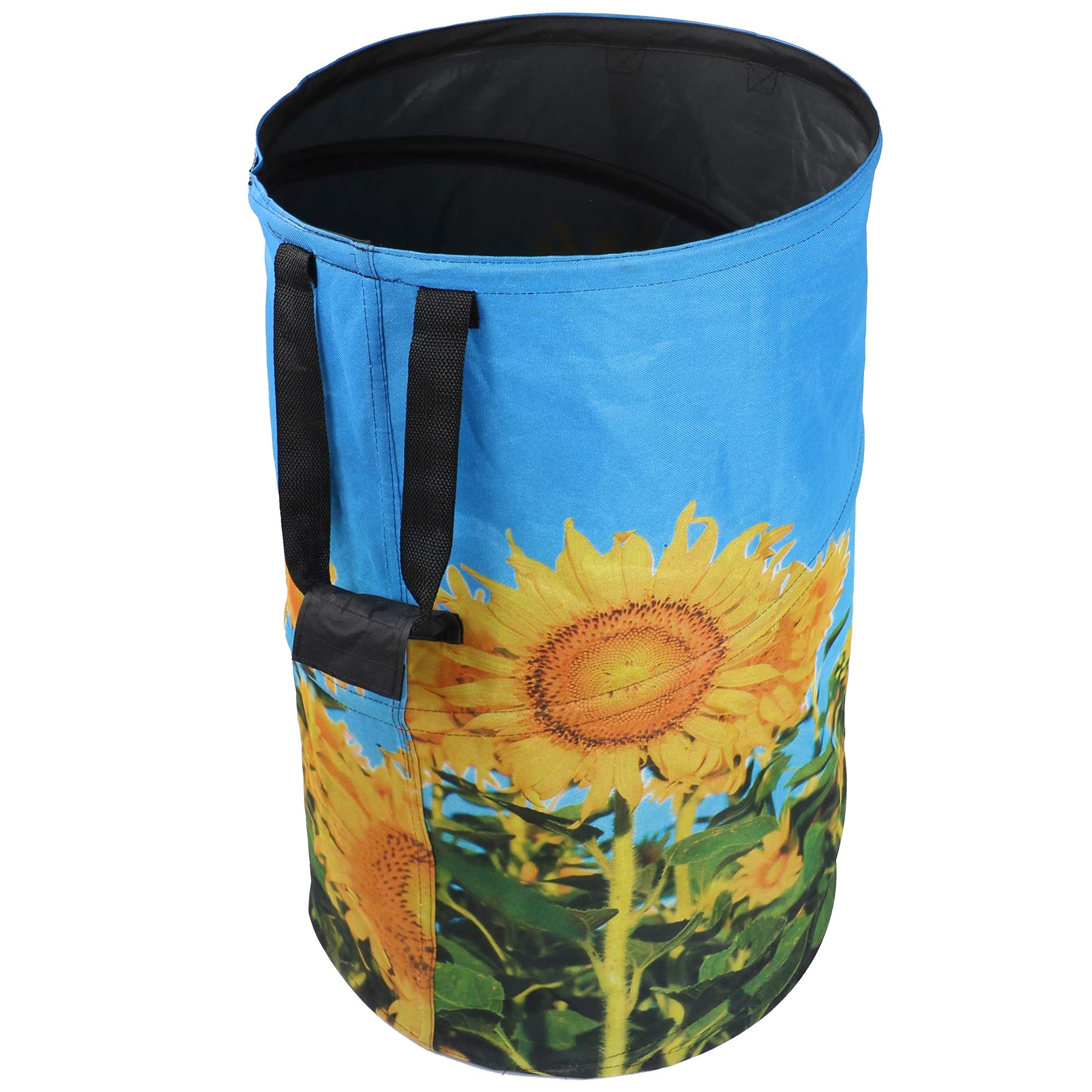 Flora Guard 32 Gallon Heavy Duty Leaf Collector Bags - Collapsible Oxford Canvas Yard Waste Bags with Holder, Self-Standing Reusable Trash Can for Lawn & Garden Cleaning, Durable Sunflower Print - Perfect for Home, Camping & Outdoor Cleanup