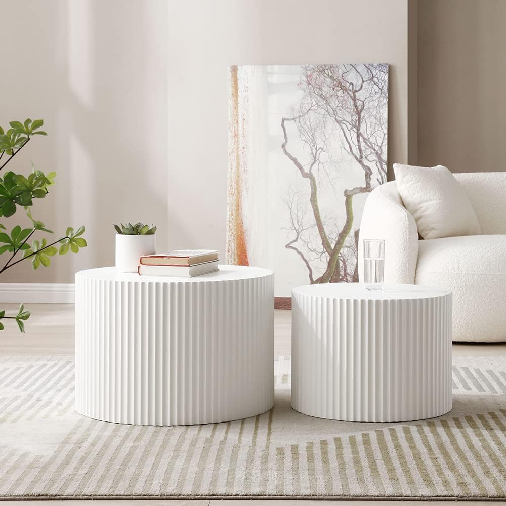 Modern White Round Nesting Coffee Table Set of 2 - Fluted Side Tables with Contemporary Circle Design for Living Room, Office - Perfect for Small Spaces, Coffee Corner & Lounge Areas