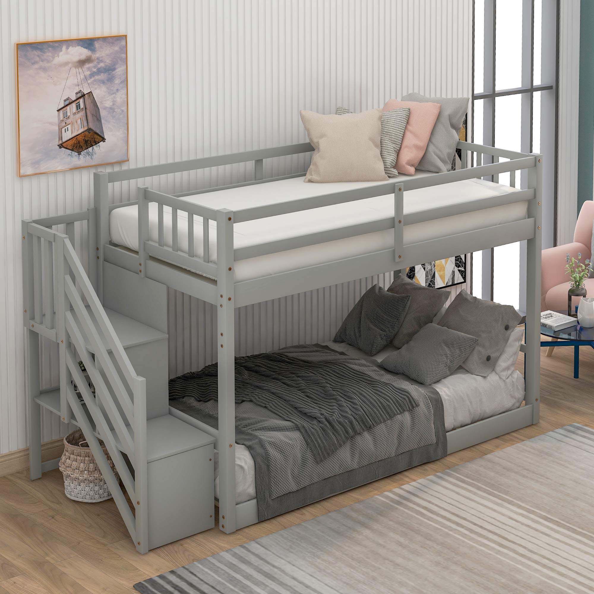 Harper & Bright Designs Twin Over Twin Low Bunk Bed with Stairs & Storage - Sturdy Wooden Kids Bunk Bed for Girls and Boys in Gray - Perfect for Small Bedrooms, Shared Kids Rooms & Space-Saving Sleep Solutions