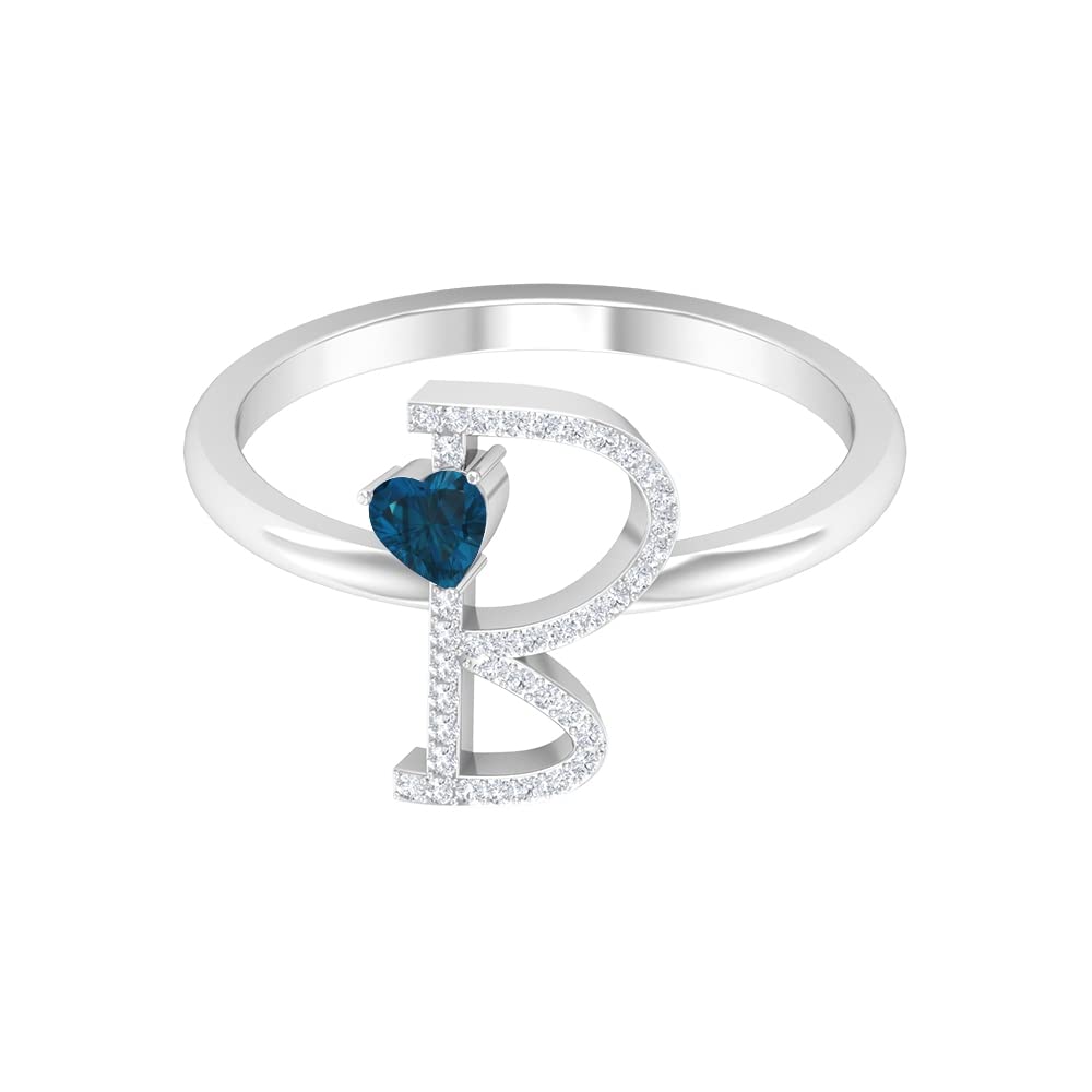 London Blue Topaz & Diamond Rings for Women | Diamond Alphabet A-Z Initial Rings | 14K White Gold Heart Rings | Perfect for Engagements, Anniversaries & Gifts