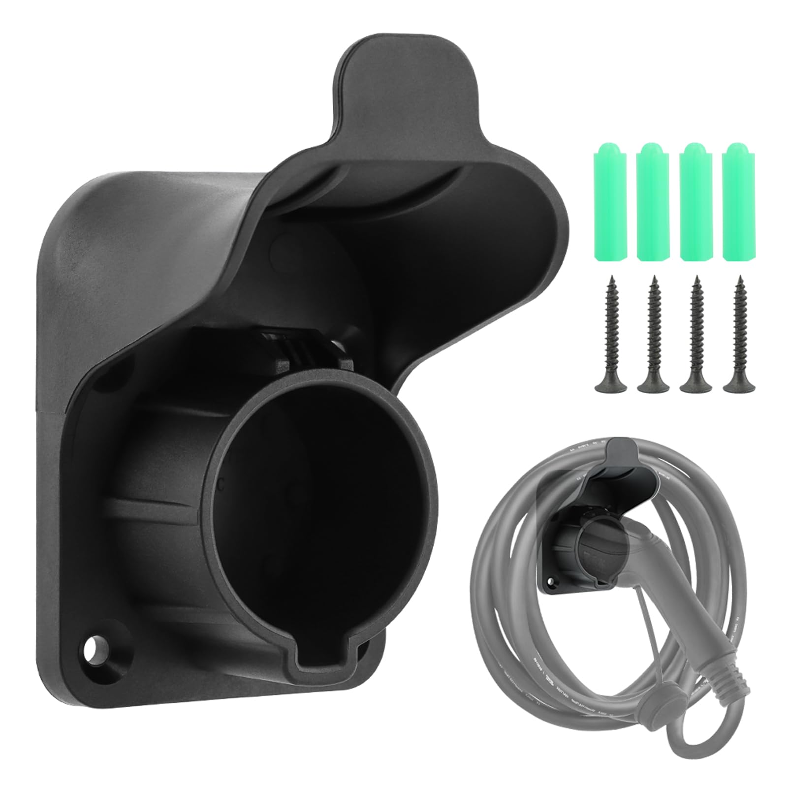 JIANWEI EV Charger Holder Wall Mount - Compatible with SAE J1772 Electric Car Charging Plug, Cable Hanger & Cord Organizer - Indoor/Outdoor Electric Vehicle Charger Nozzle Holster Dock (Black) - Perfect for Home Garage, Parking Lot & Public Charging Stations