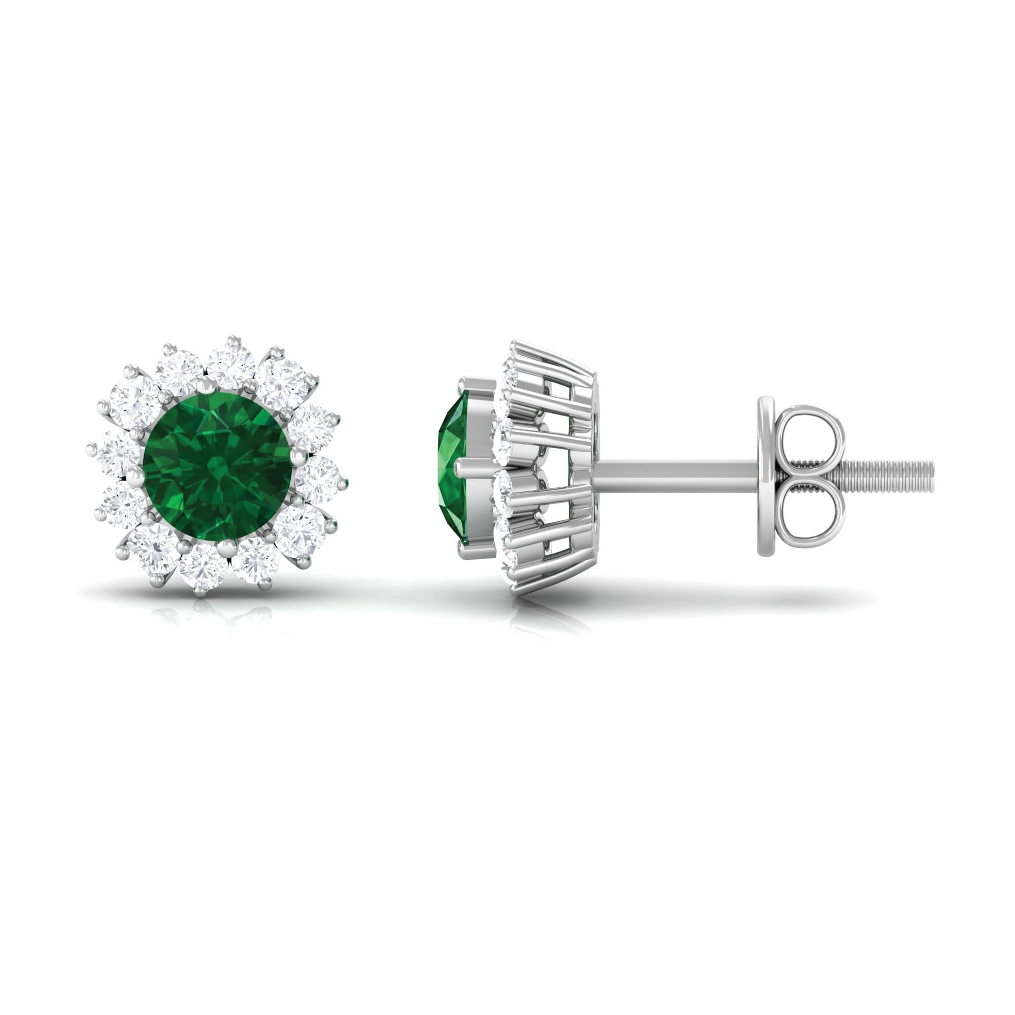 3/4 CT Classic Halo Stud Earrings with Created Emerald & Diamond - Perfect for Weddings, Anniversaries & Special Occasions