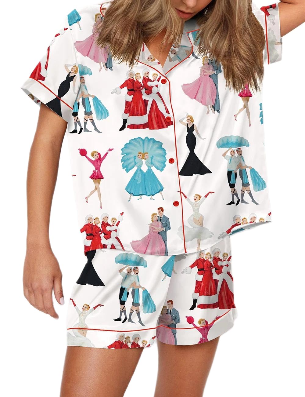 Juakoso Women's Christmas Pajama Set - Trendy Holiday Print Button Down Lounge Wear - Soft Silk Satin 2 Piece Sleepwear - Y2K Style Pajamas for Cozy Nights & Festive Family Gatherings