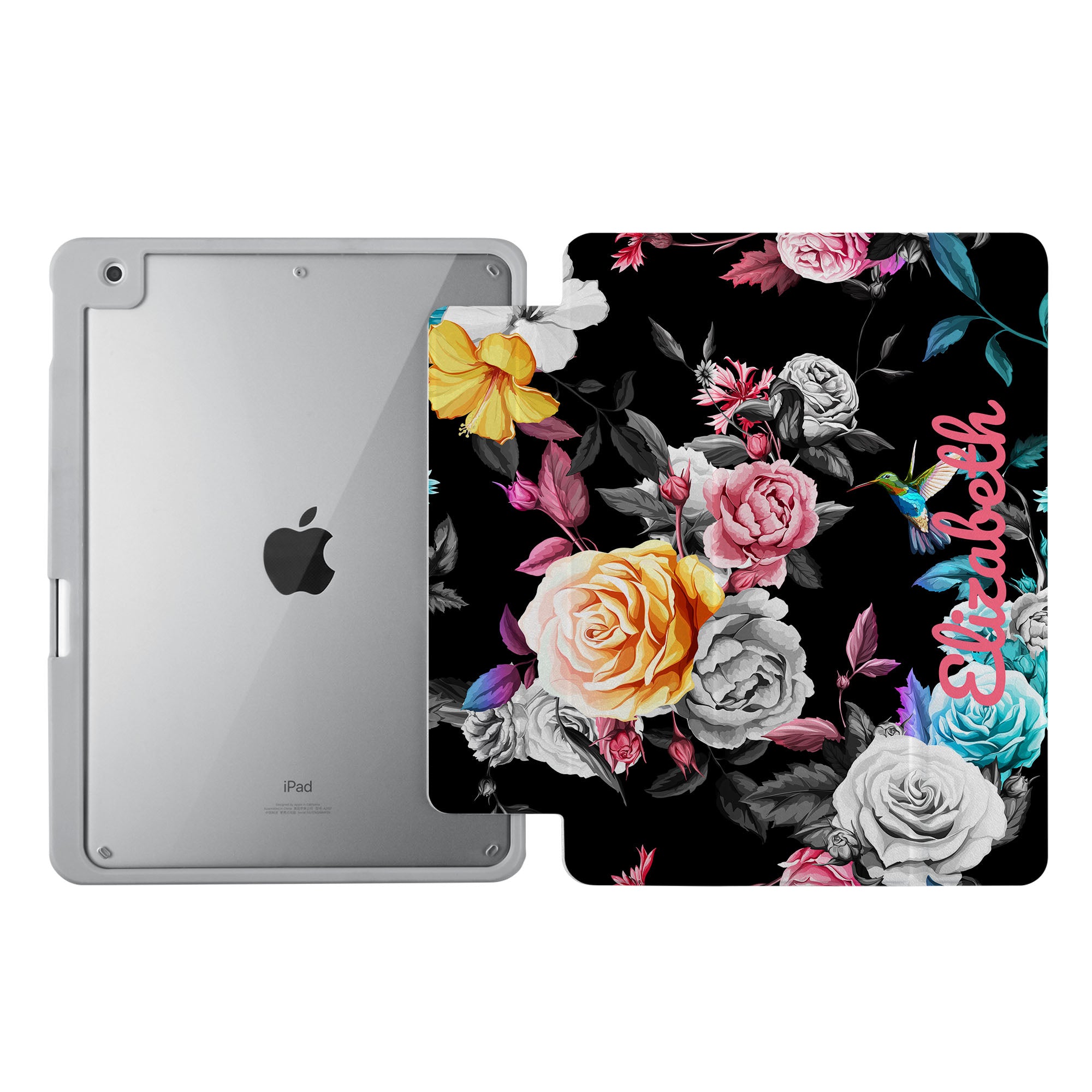 iPad 360 Elite Case - Shockproof Protective Cover with Black Floral Design for iPad 7th/8th Generation - Perfect for Work, School & Travel