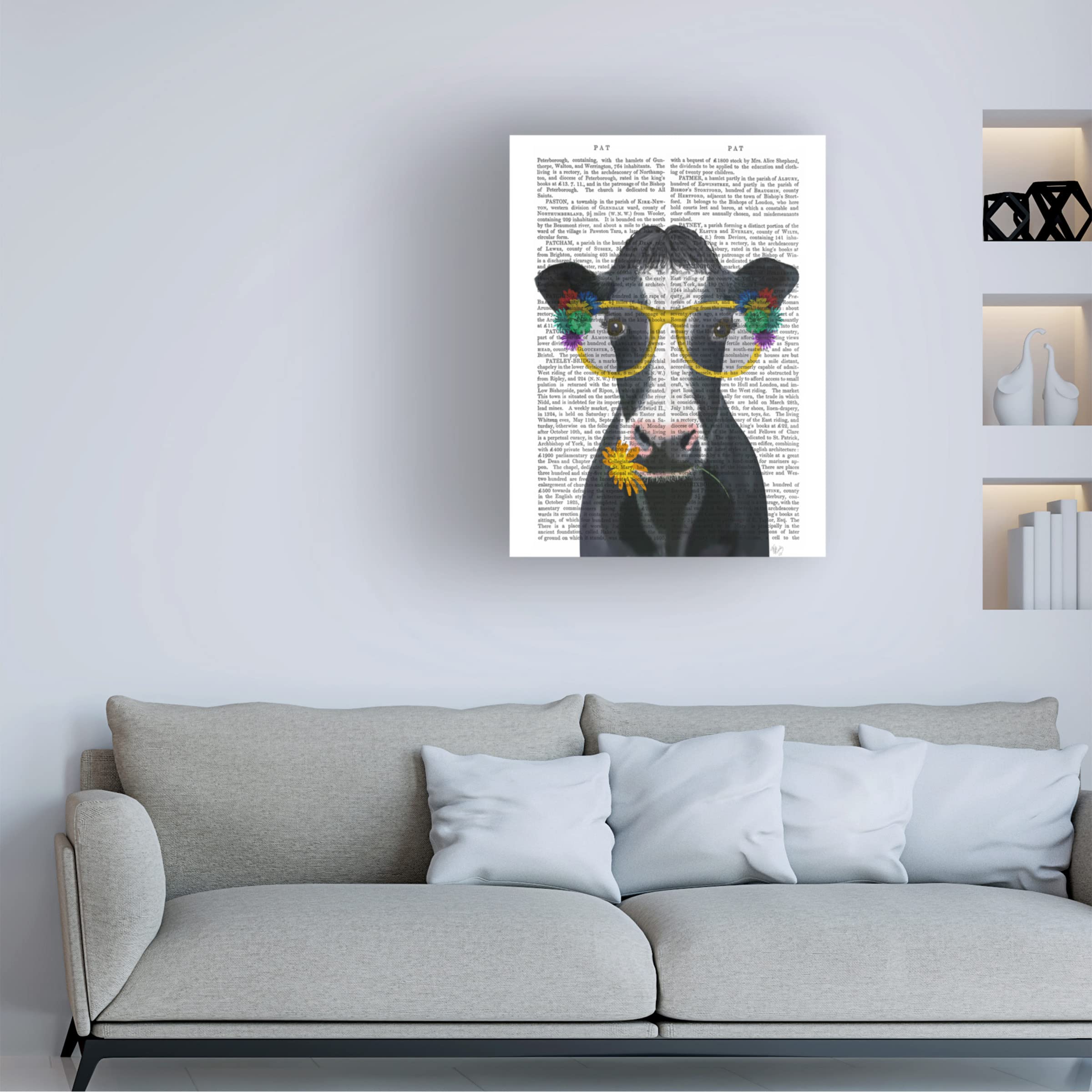 Fab Funky 'Cow and Flower Glasses Book Print' Canvas Wall Art - Modern Home Decor for Living Room, Bedroom & Office