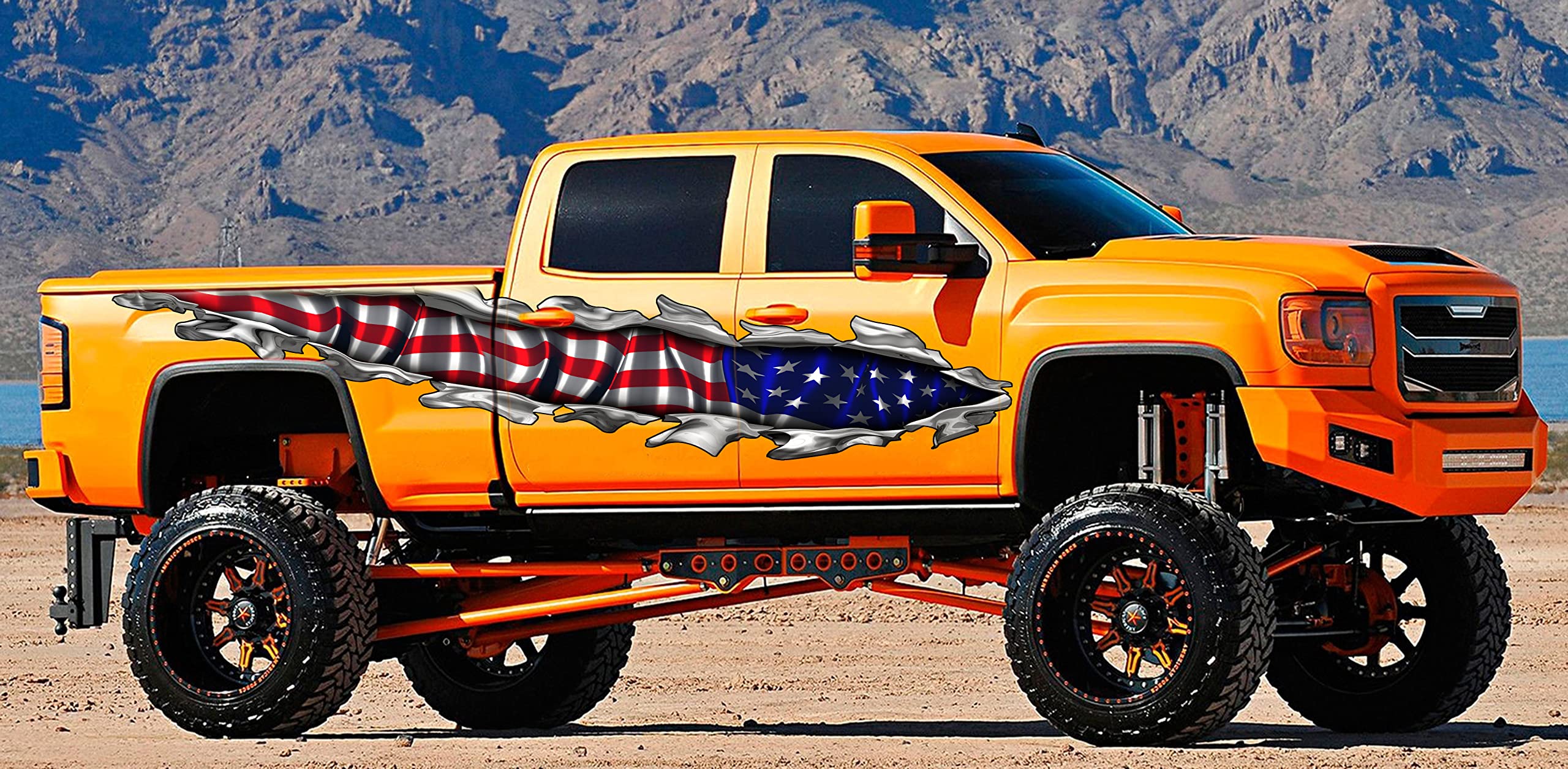 American Flag Car Vinyl Decal - Patriotic US Pride Car Graphics & USA Flag Ripped Metal Wrap - Full Color Car Sticker Design (22x130) - Perfect for Trucks, SUVs & Show Cars