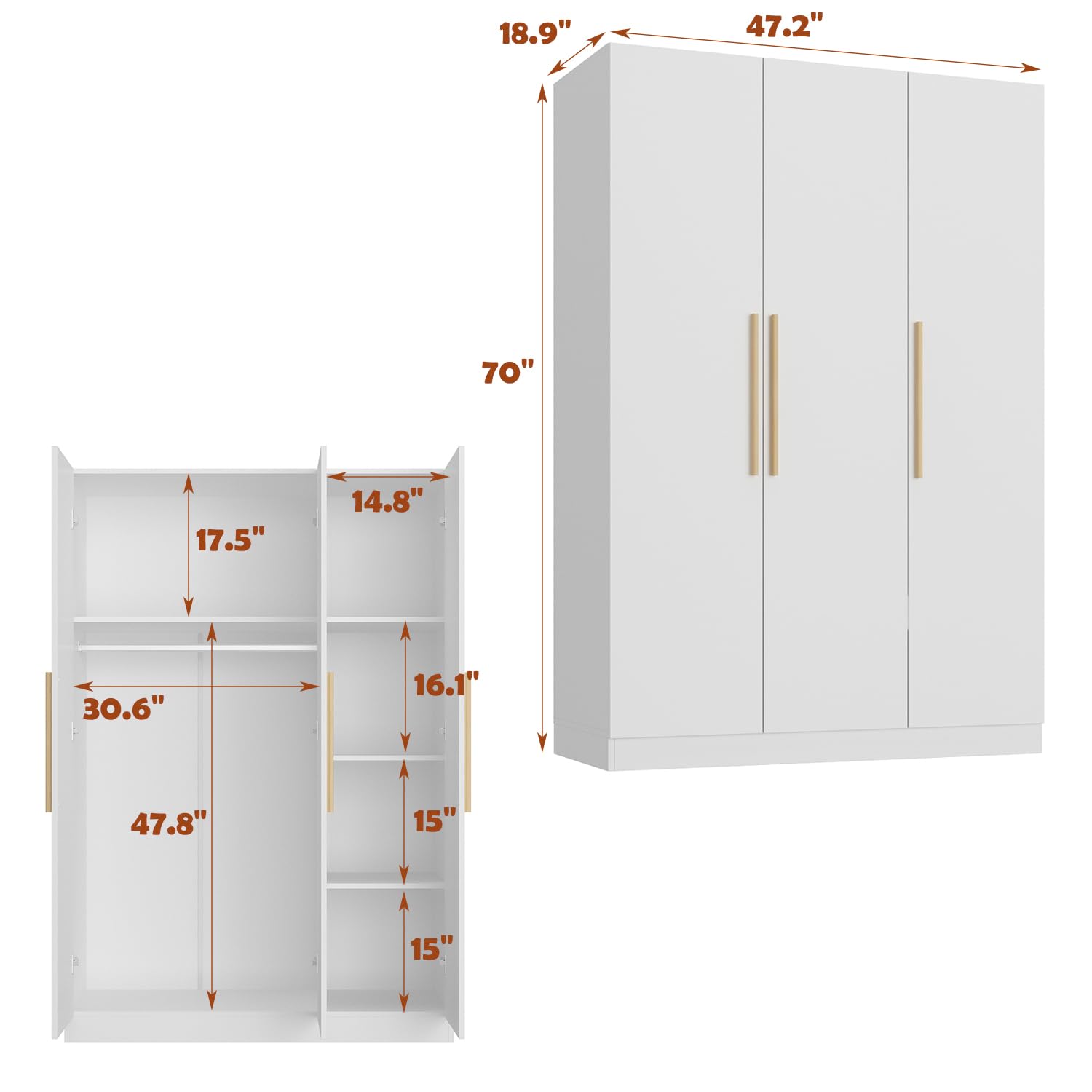 MOUMON 3-Door Wardrobe Closet with Hanging Rod & Cube Shelves, White Storage Cabinet for Bedroom (18.9