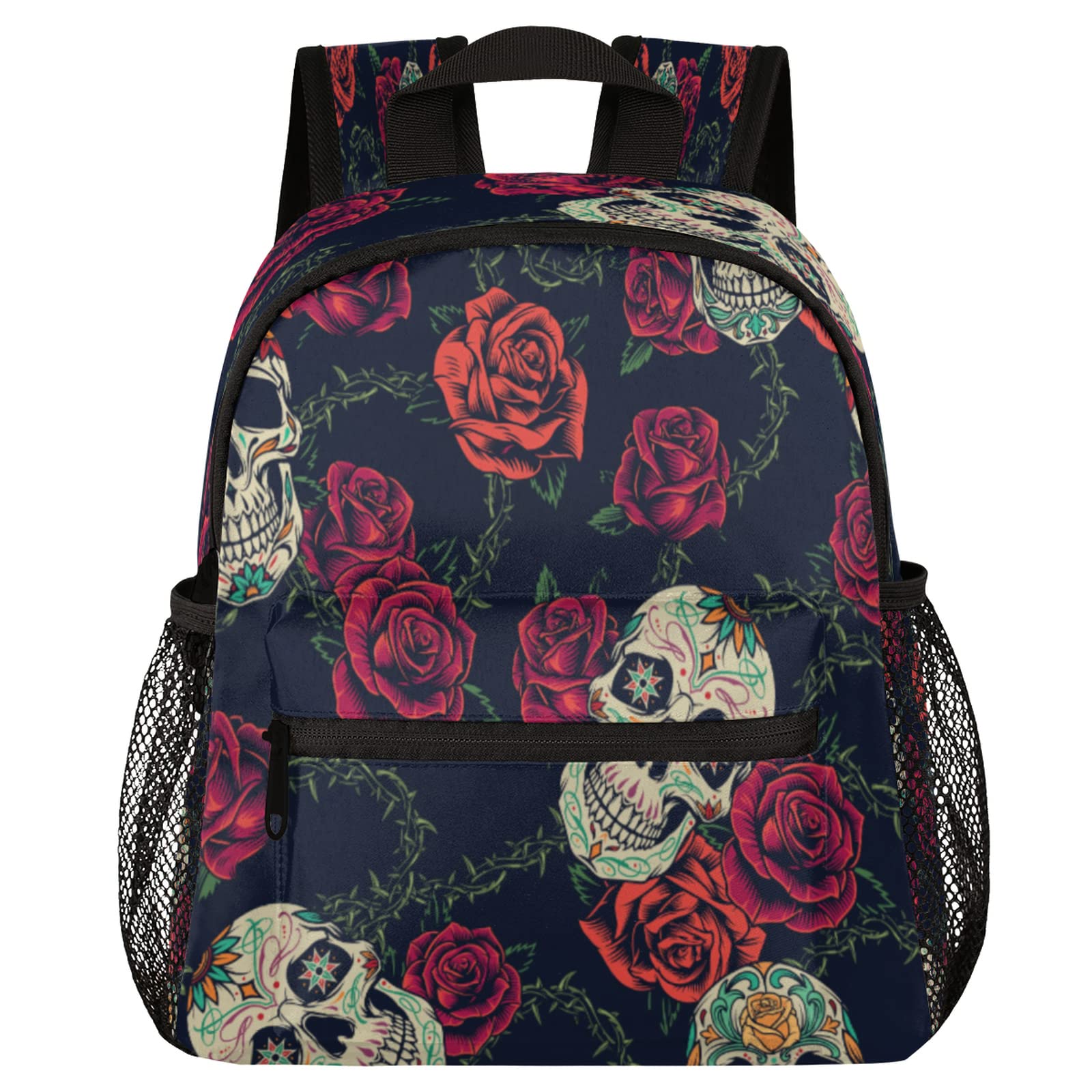 **Durable Kids Backpack with Rose Floral Sugar Skull Design - Lightweight Water-Resistant School Bookbag for Preschool, Kindergarten & Toddler Boys & Girls - Perfect for School, Travel & Casual Daypacks with Adjustable Chest Strap**