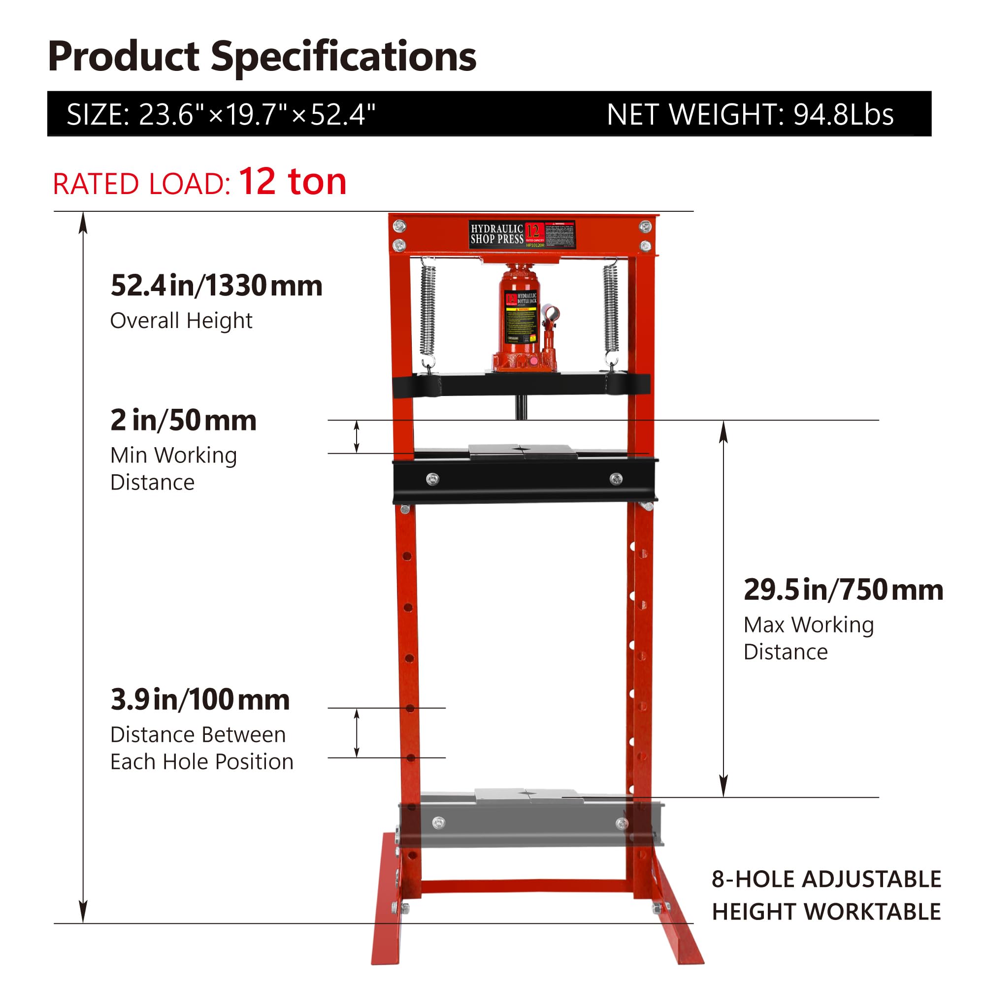 CuisinSmart 12 Ton Hydraulic Shop Press - Heavy Duty Steel H-Frame with Adjustable Work Table & Press Plates - Ideal for Bearing Removal, Gear Pressing, and Metalworking Projects
