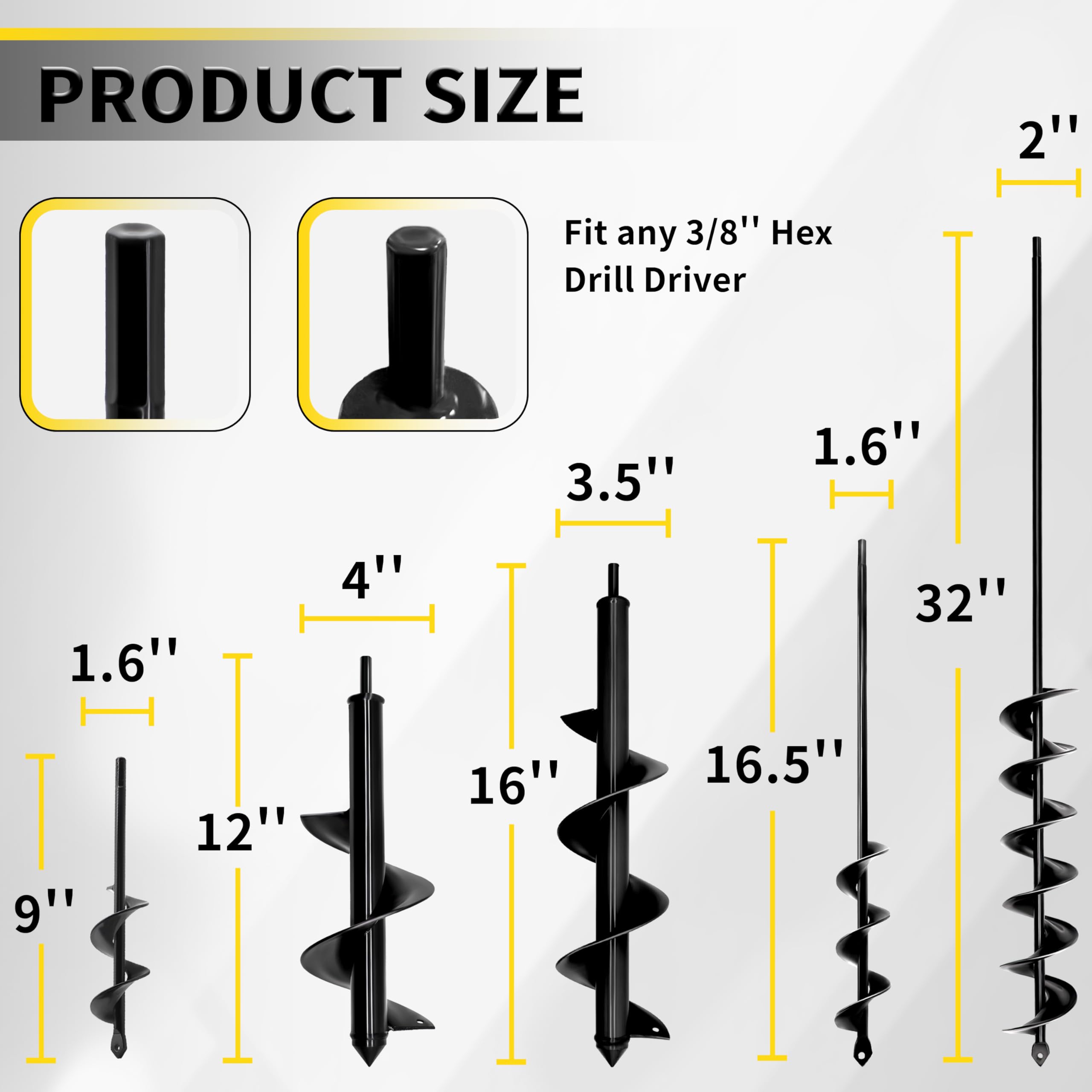 5pcs Auger Drill Bit for Planting - Hex Drive Garden Tool for Bulbs & Holes - Compatible with Cordless Drills (3/8