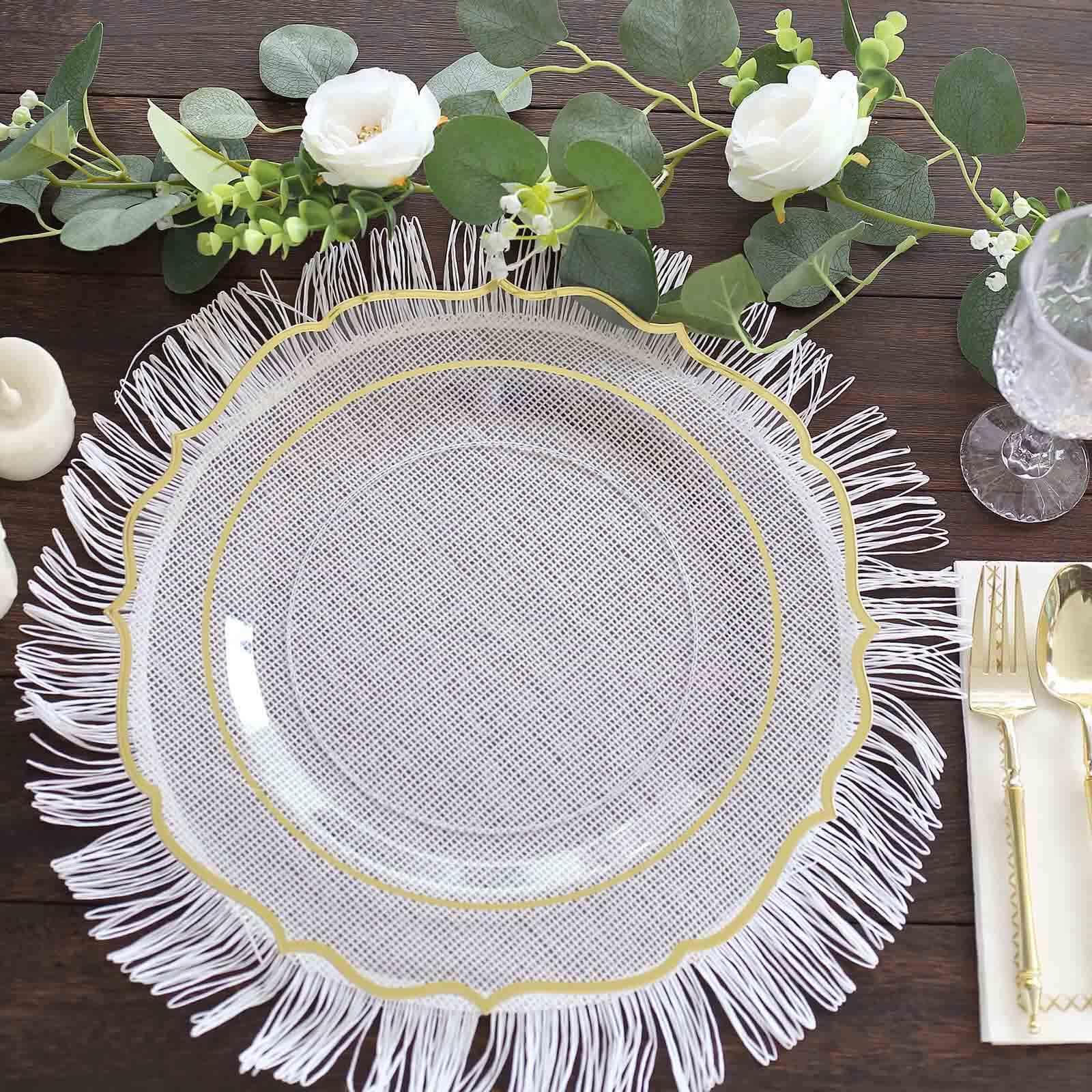 Efavormart 10 Pack Clear Plastic Dinner Plates with Gold Scalloped Rim - 13 Inch Round Decorative Charger Plates for Wedding, Party & Formal Dining Events