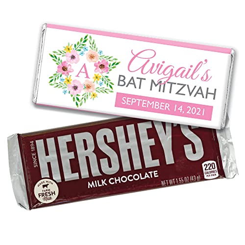 Personalized Bat Mitzvah Hershey Chocolate Bars - 36 Pack Pink Floral Wrapped Candy Party Favors - No Assembly Required - Perfect for Sweet Table Displays, Gift Bags & Celebration Giveaways