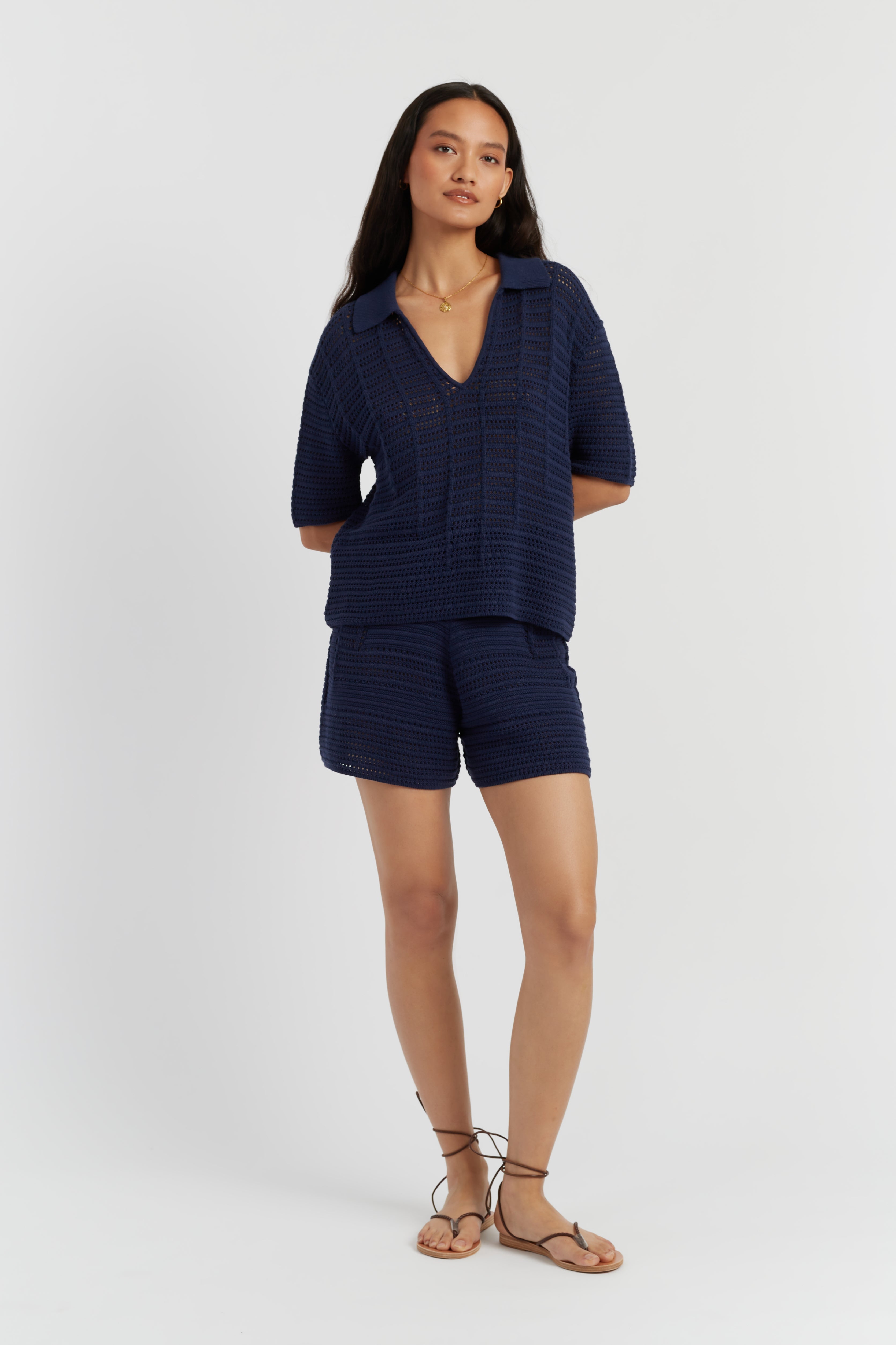 Navy Blue Cotton Crochet Shirt for Women - Breathable Summer Boho Top - Perfect for Beach, Vacation & Casual Outings