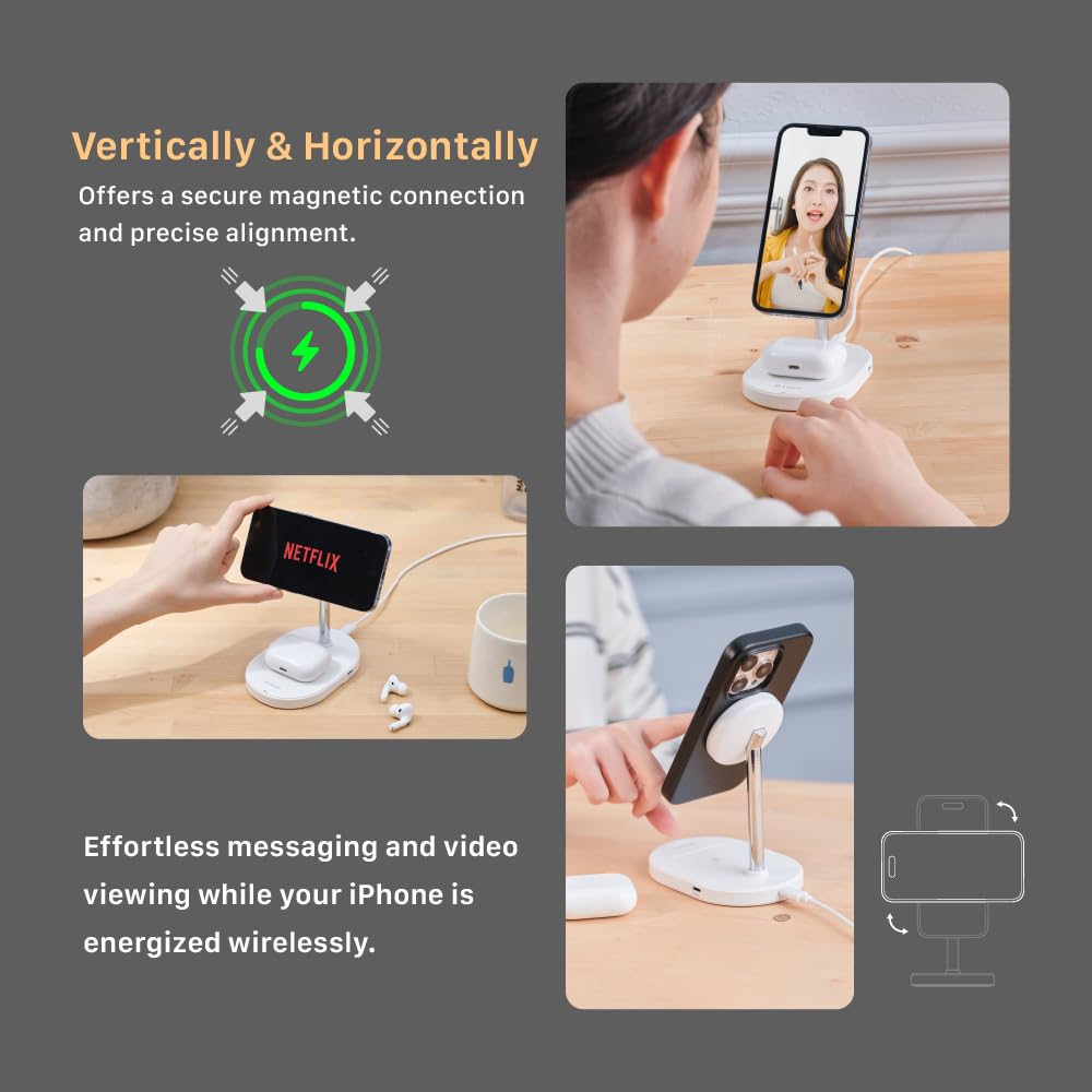 ADAM Elements Omnia M2+ 2-in-1 Magnetic Wireless Charging Station - Compatible with iPhone 12/13/14/15/16 Series & AirPods/Pro - Fast Qi-Certified Charger for Home, Office, and Travel