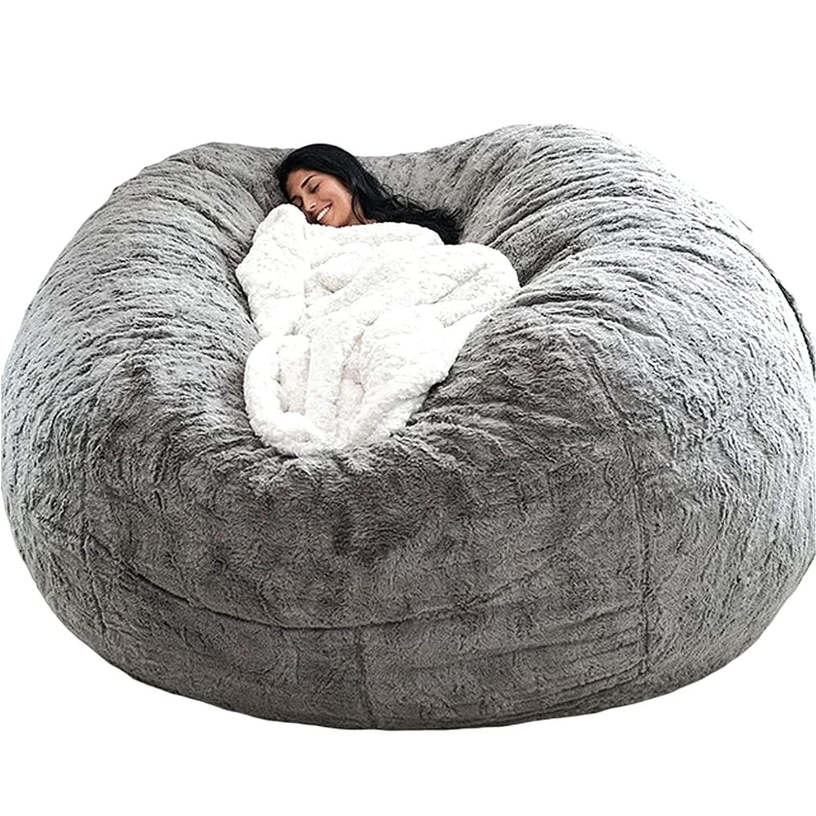 7FT Faux Fur Bean Bag Chair Cover - Large Round Soft Fluffy Portable Lounger for Dorm, Living Room & Family Room - No Filler Lazy Sofa Furniture Cover for Relaxing, Gaming & Movie Nights