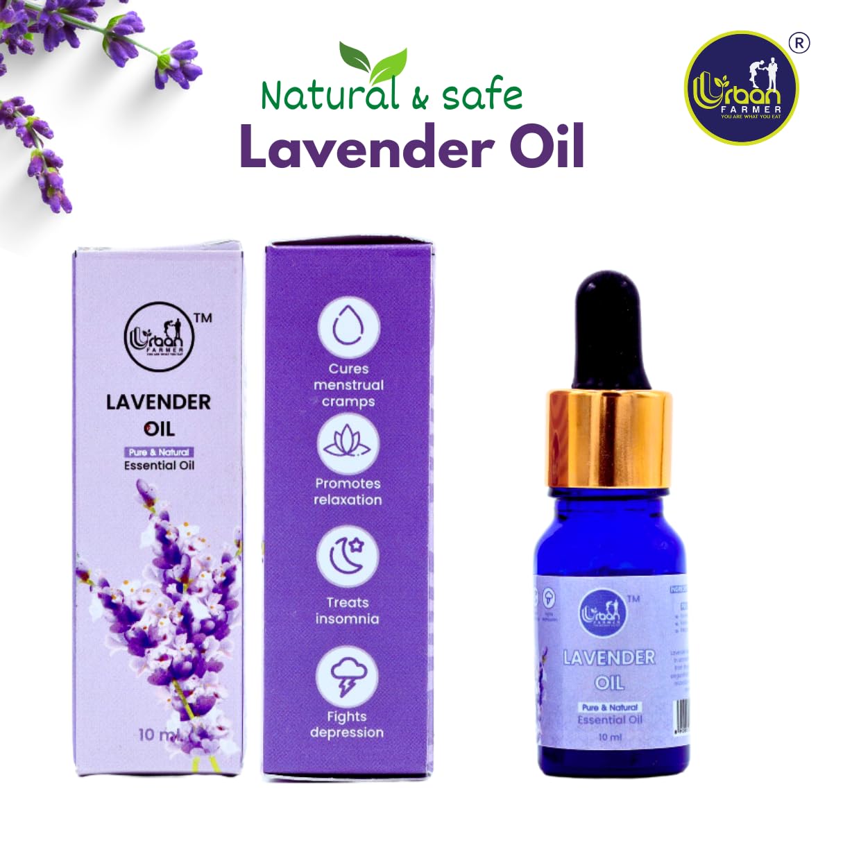 Urban Farmer Lavender Essential Oil - 100% Pure, Natural & Organic for Clear Skin & Healthy Hair | Calming & Soothing Care for Face, Scalp & Body | 10ML Bottle | Perfect for Aromatherapy, Massage & DIY Beauty Products