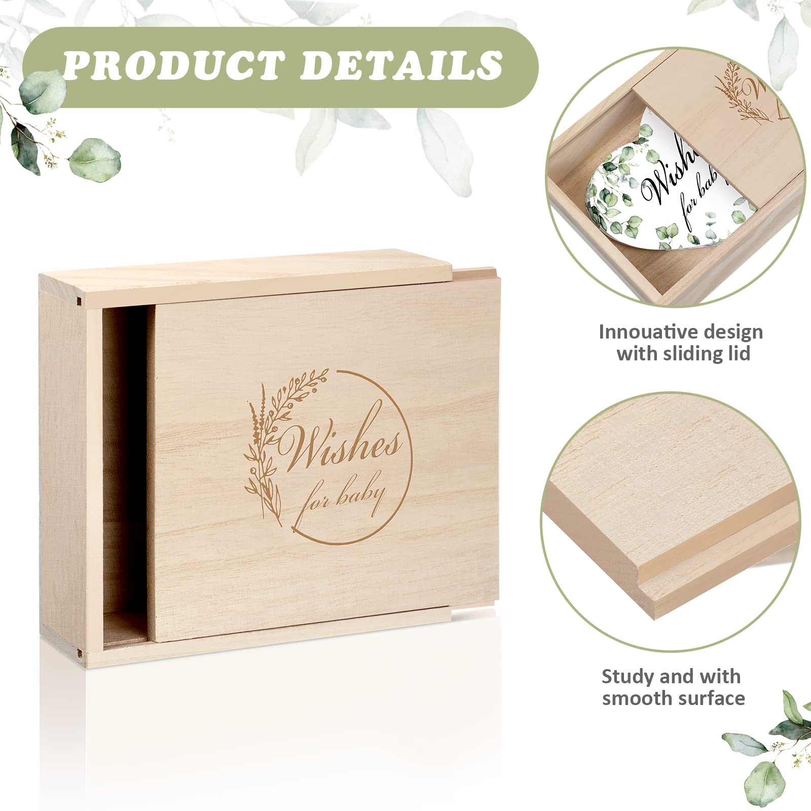 50-Piece Botanical Baby Shower Wish Cards Set with Keepsake Wooden Box - Newborn Prediction Cards for Baby Shower Favors, Gifts & Party Decorations - Perfect for Gender Reveals, Birth Announcements & Nursery Organization