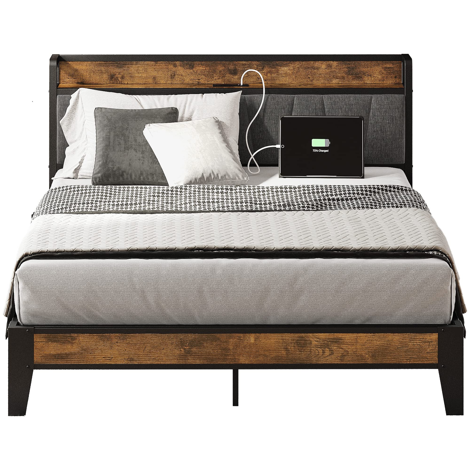 LIKIMIO Full Size Bed Frame with Storage Headboard & USB Charging Station - Sturdy Metal Platform Bed, Quiet & Easy Assembly, No Box Spring Needed - Perfect for Small Bedrooms, Apartments & Dorm Rooms