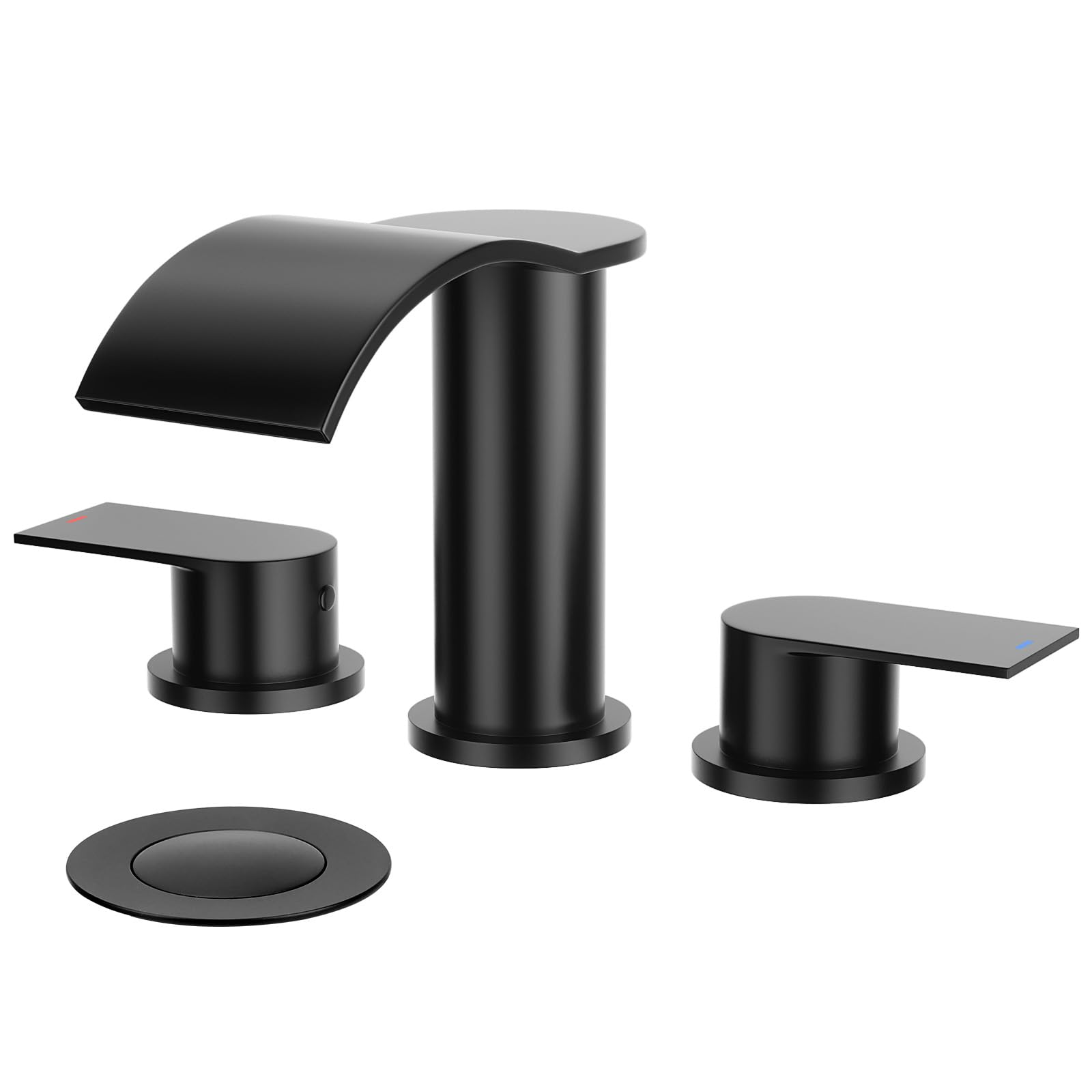 2 Handle Widespread Waterfall Bathroom Faucet with Metal Pop-up Drain & cUPC Supply Hoses - Matte Black Stainless Steel for 3 Hole Sink - Perfect for Modern Bathroom & Powder Room Renovations