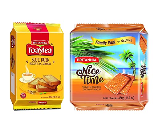 BRITANNIA Wheat Rusk & Nice Time Combo Pack - Crunchy & Delicious Halal Vegetarian Snacks - Perfect for Breakfast, Tea Time, and Office Breaks (Pack of 1 Each) - Ideal for Family Gatherings and Light Meals