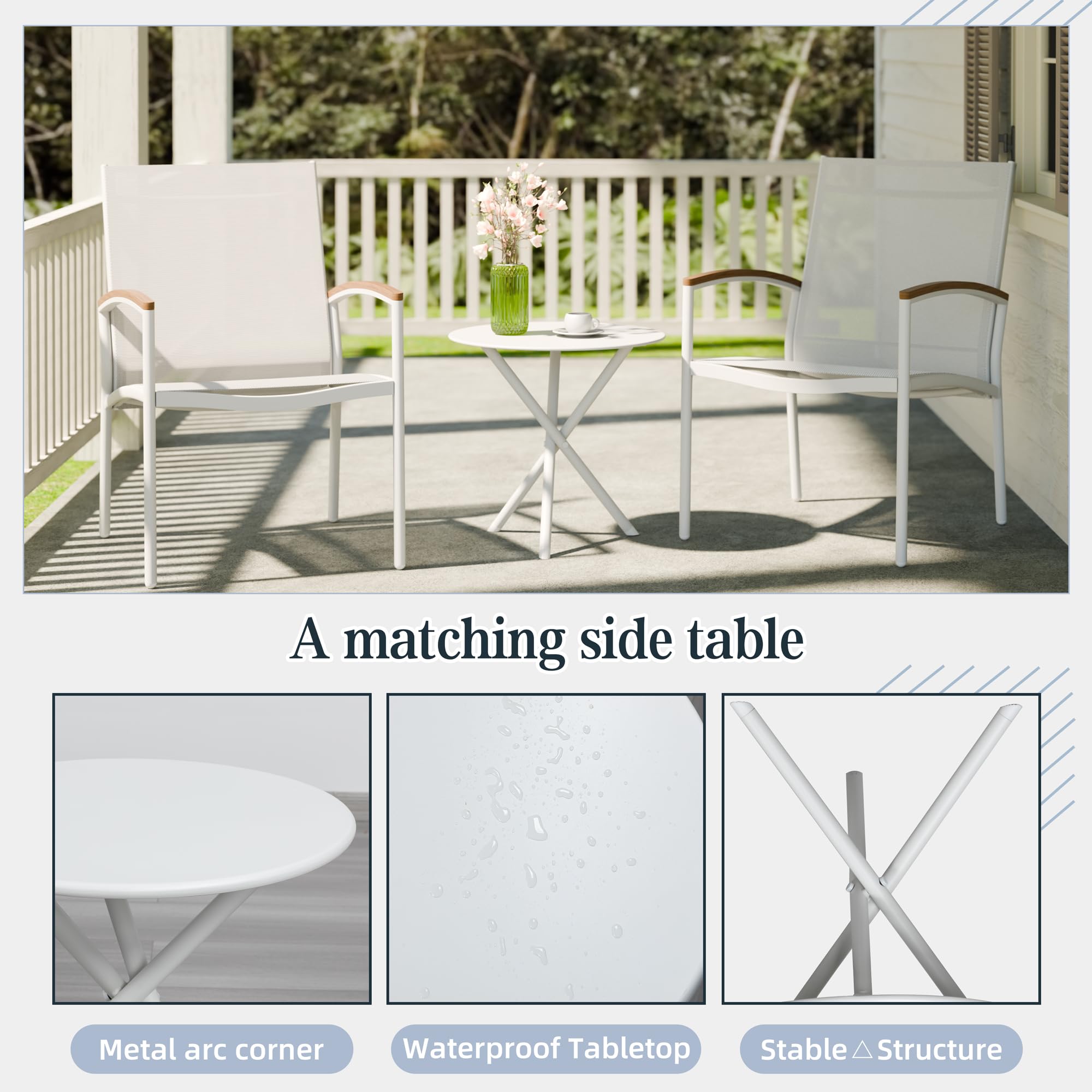 SUNLEI 3-Piece Outdoor Patio Bistro Set - Black Metal Chairs & Coffee Table Conversation Set for Garden, Balcony, or Backyard (Non-Rocking, White Finish) - Perfect for Relaxing, Entertaining, and Outdoor Dining