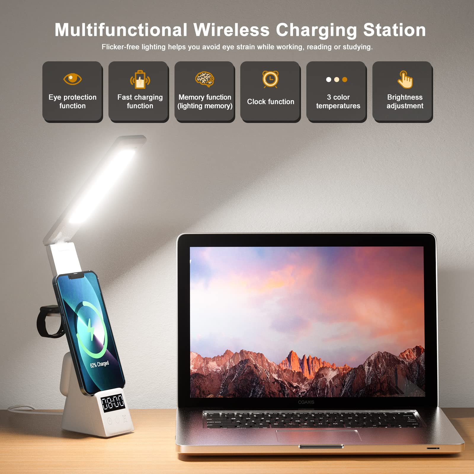 GAOHANG 3-in-1 LED Desk Lamp with Wireless Charger, Touch Control, Digital Clock & Alarm | 3 Lighting Modes, Stepless Brightness Adjustable | Eye-Caring Table Lamp for Home Office, Study, Bedroom (White)