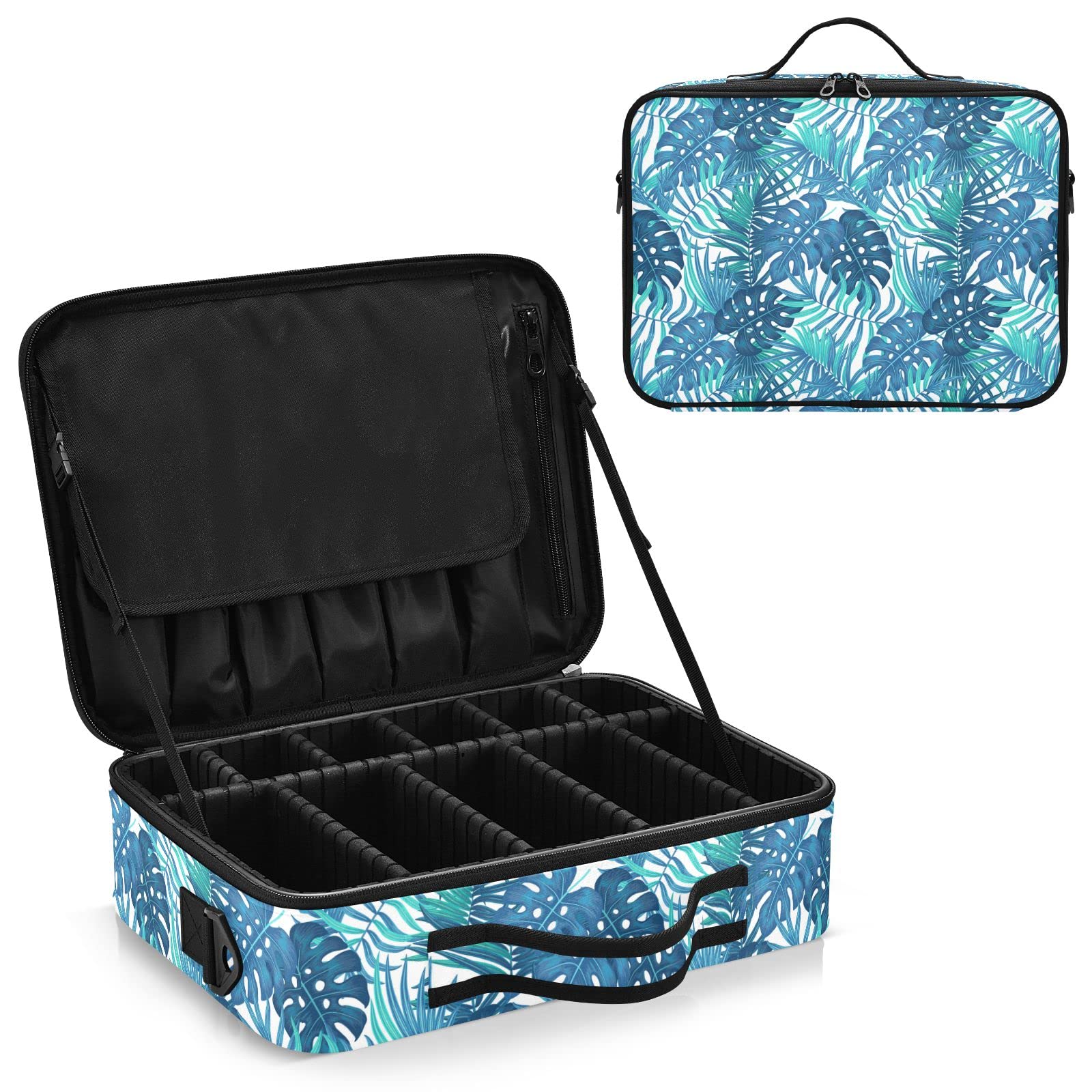 Blue Tropical Leaves Makeup Bag for Women - Travel & Cosmetic Organizer
