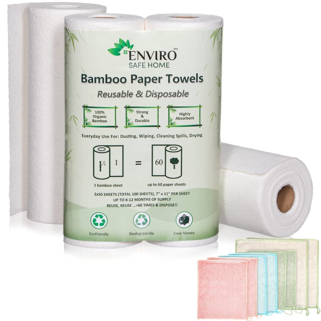 Eco-Friendly Bamboo Paper Towels & Dish Cloths Set - Reusable, Sustainable Kitchen Cleaning Rags for Home, Countertops, Dishes & Spills - 100% Biodegradable & Chemical-Free