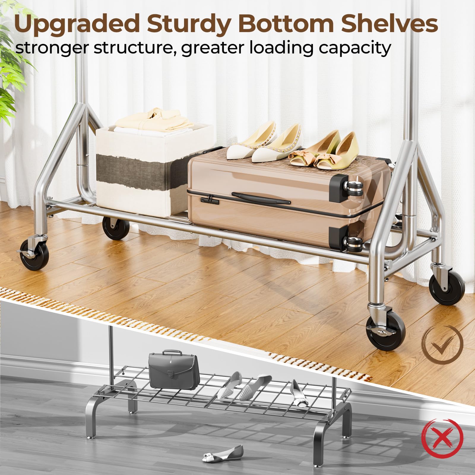 Heavy Duty Garment Rack 450 lbs Capacity - Industrial Strength Metal Clothing Rack with Wheels & Shelves - Portable Wardrobe Storage for Closet, Laundry Room or Retail Store - Silver