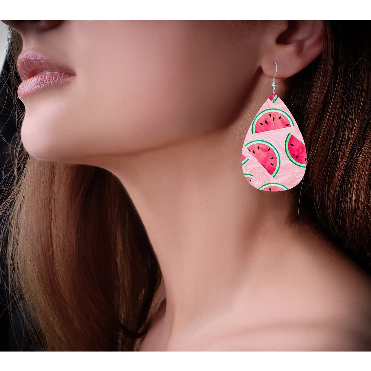Zokola Watermelon Leather Drop Earrings Set - Pink Marble Fruity Dangle Earrings for Women | Lightweight Teardrop Wedding Jewelry | Perfect for Bridal Shower, Summer Parties & Casual Outfits