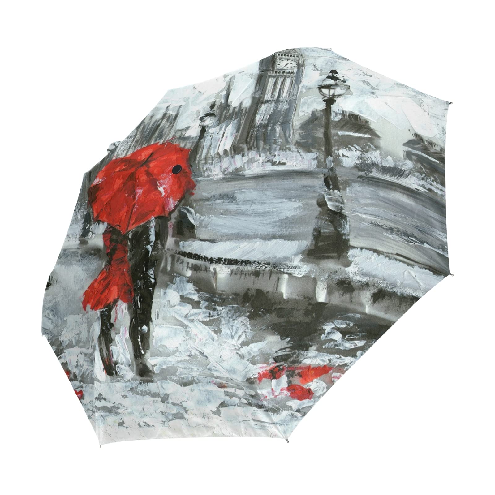 London Street Big Ben Couple with Red Umbrella - Auto Open/Close Folding Umbrella, Strong Windproof Travel Rain Umbrella, Portable Automatic Compact Sun Parasol for Men & Women - Perfect for Travel, Commuting, and Outdoor Activities