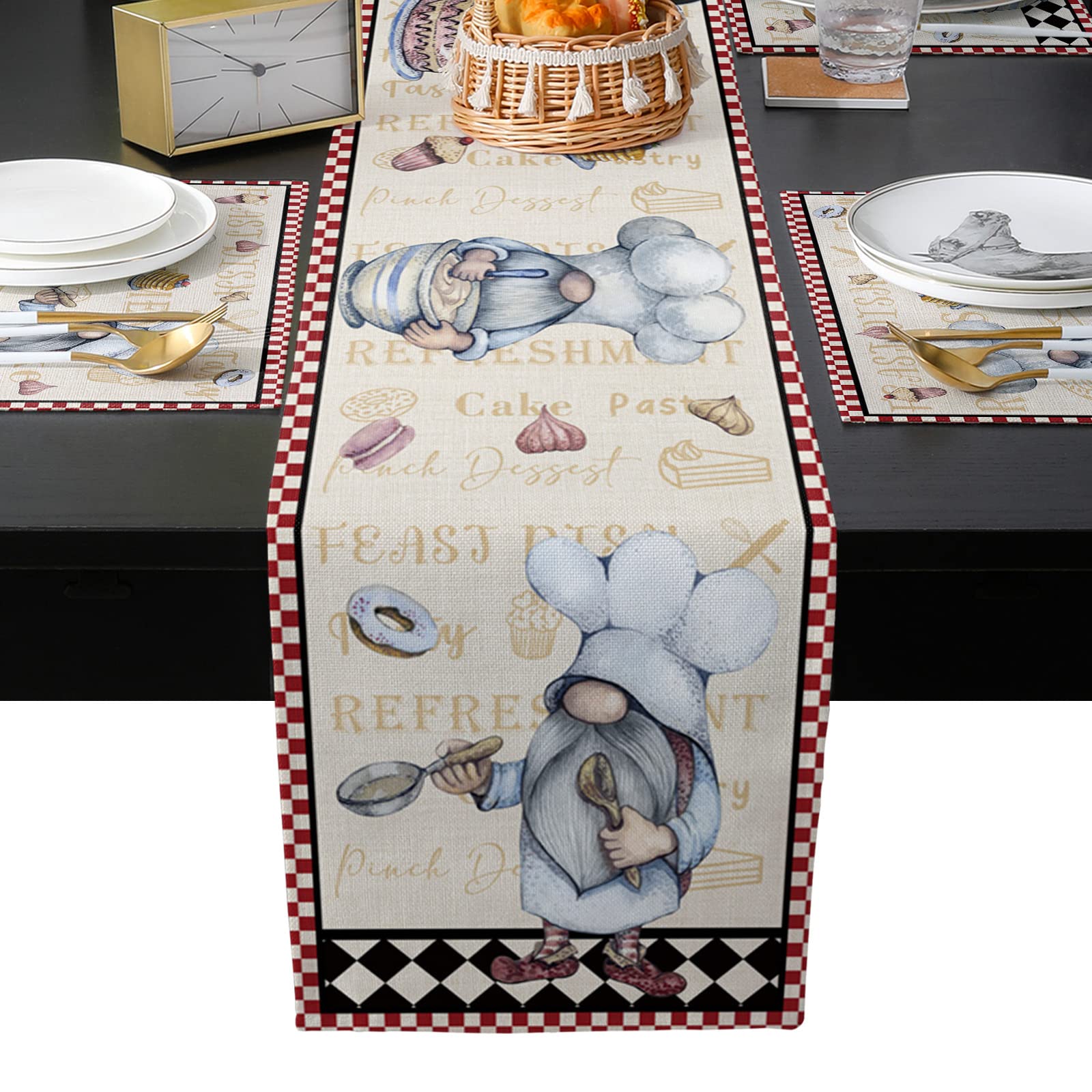 Fat Chef Table Runner Set with 6 Placemats - 13x70 Inch Checkered Black White Red Plaid Kitchen Decor - Machine Washable for Indoor/Outdoor Use - Perfect for Dining Room, Kitchen Island, Buffet Table, and Holiday Decorations