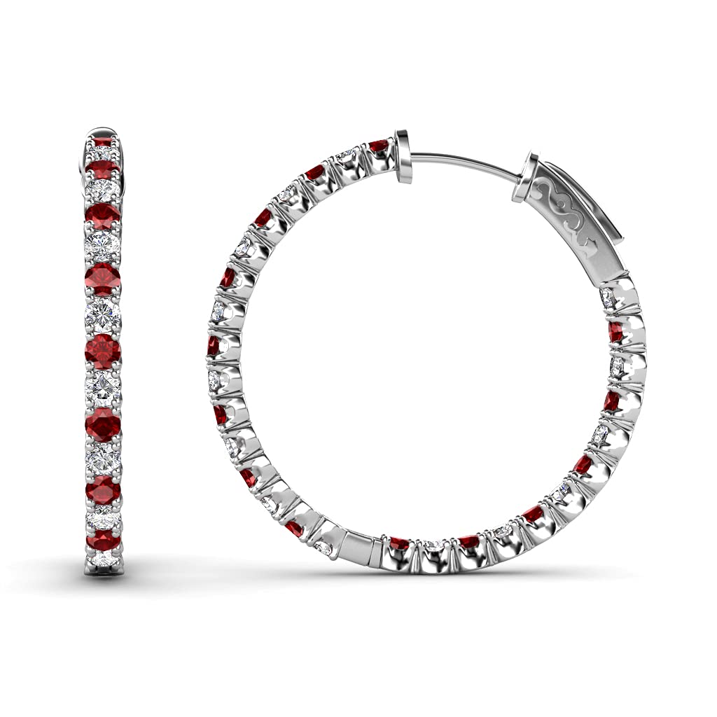 14K White Gold Red Garnet & Natural Diamond Inside-Out Hoop Earrings 1.50 ctw - Perfect for Weddings, Parties & Special Occasions