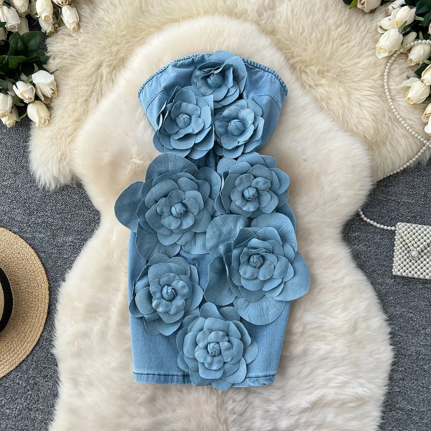 Elegant 3D Flower Rose Short Party Dress for Women - Summer Sleeveless Strapless Corset Denim Mini Dress | Perfect for Holiday Parties, Date Nights & Cocktail Events