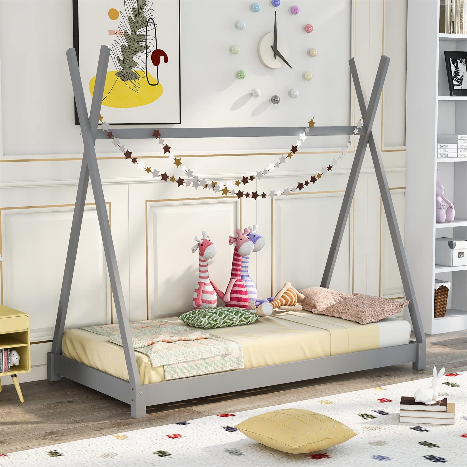 Modern Twin Size House Bed Frame - Sturdy Wooden Platform Bed with Triangle Structure & Wood Slats Support, No Box Spring Needed (Grey) - Perfect for Kids Rooms, Guest Bedrooms & Small Space Living